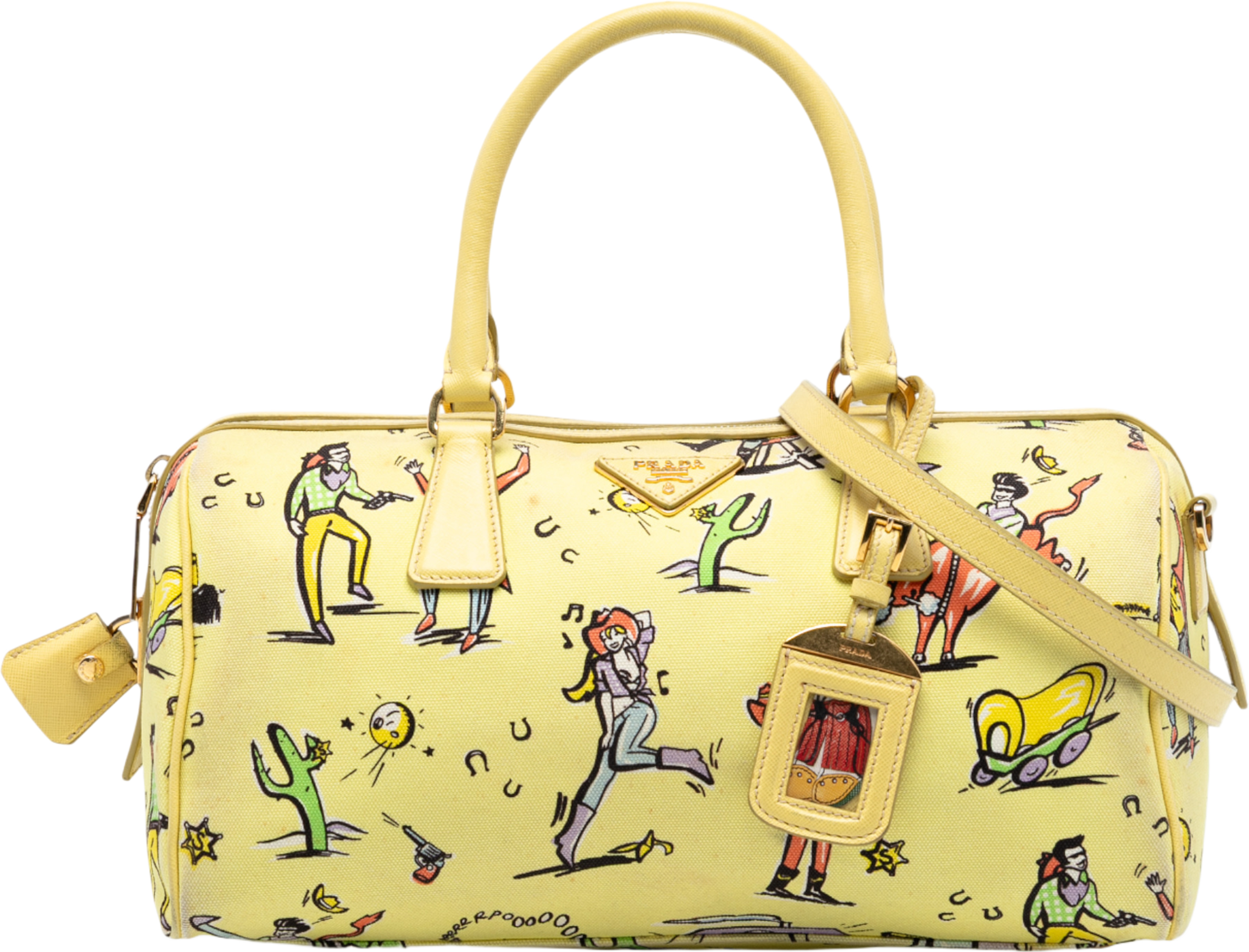 Prada Canvas Canapa St Foula Stampato Satchel, från Luxclusif, i färgen yellow. Klicka för att öppna bilden i stort format