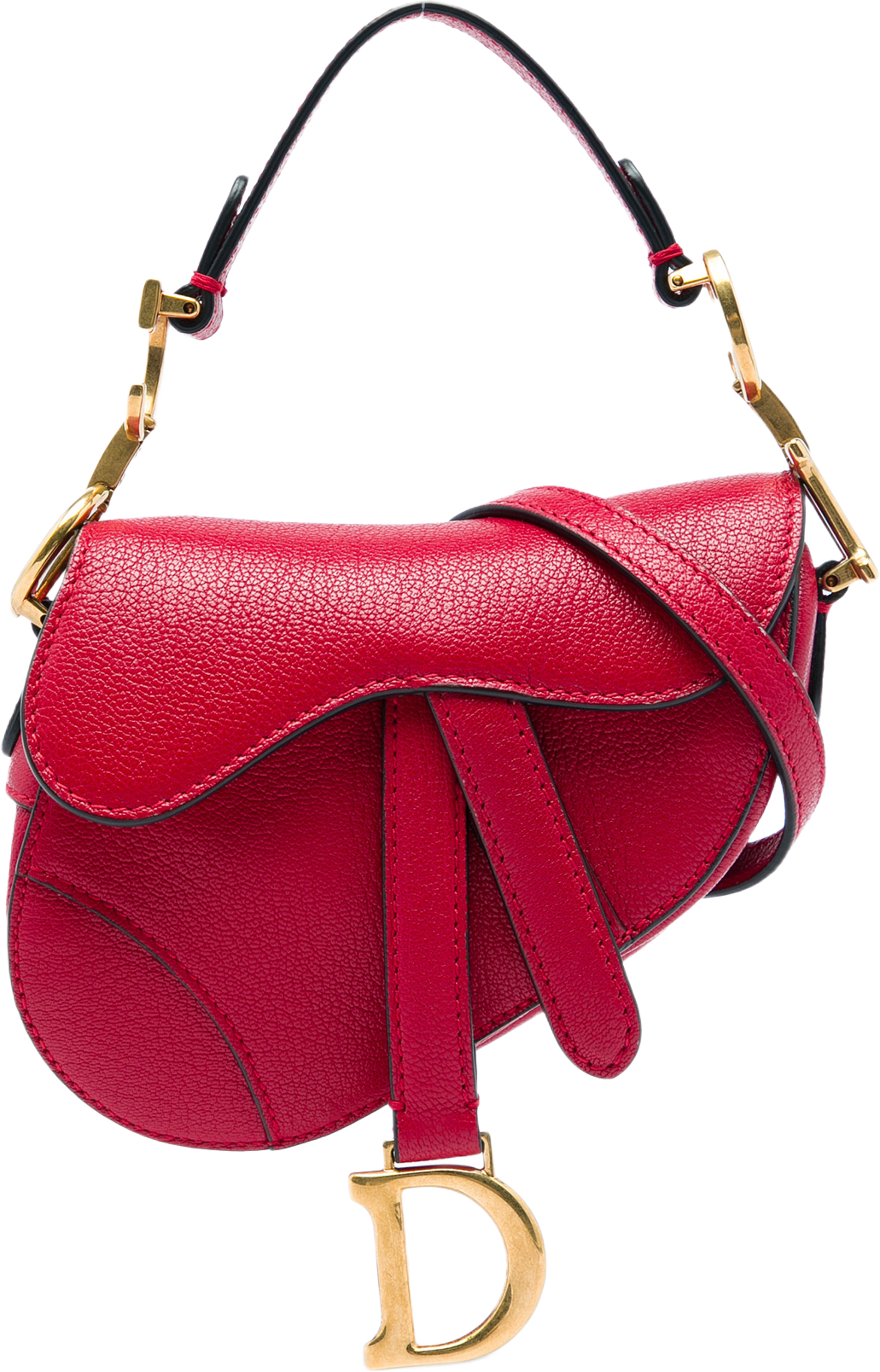Dior Mini Grained Calfskin Saddle Bag, från Luxclusif, i färgen röd. Klicka för att öppna bilden i stort format