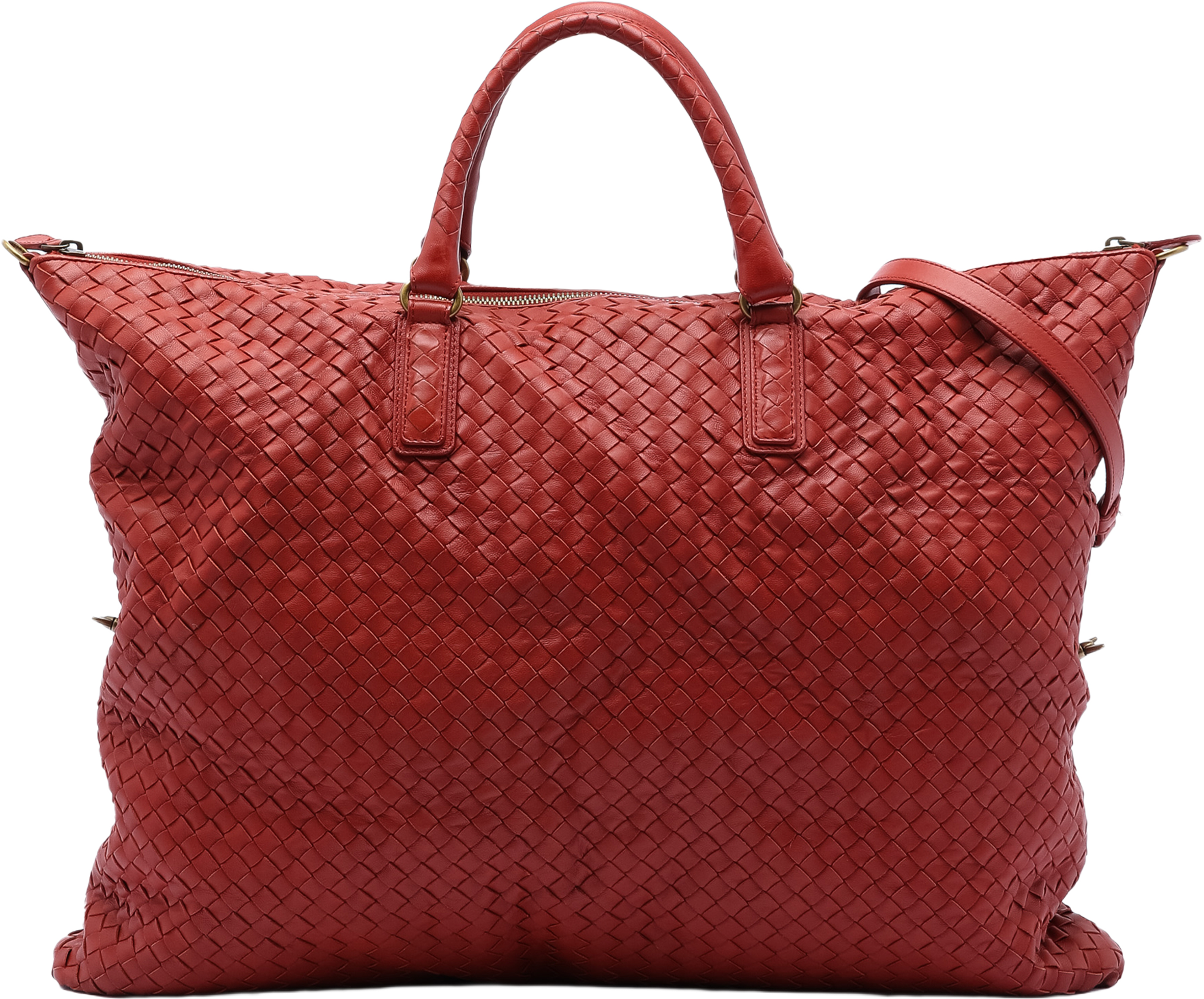 Bottega Veneta Maxi Intrecciato Nappa Convertible Satchel, från Luxclusif, i färgen red. Klicka för att öppna bilden i stort format