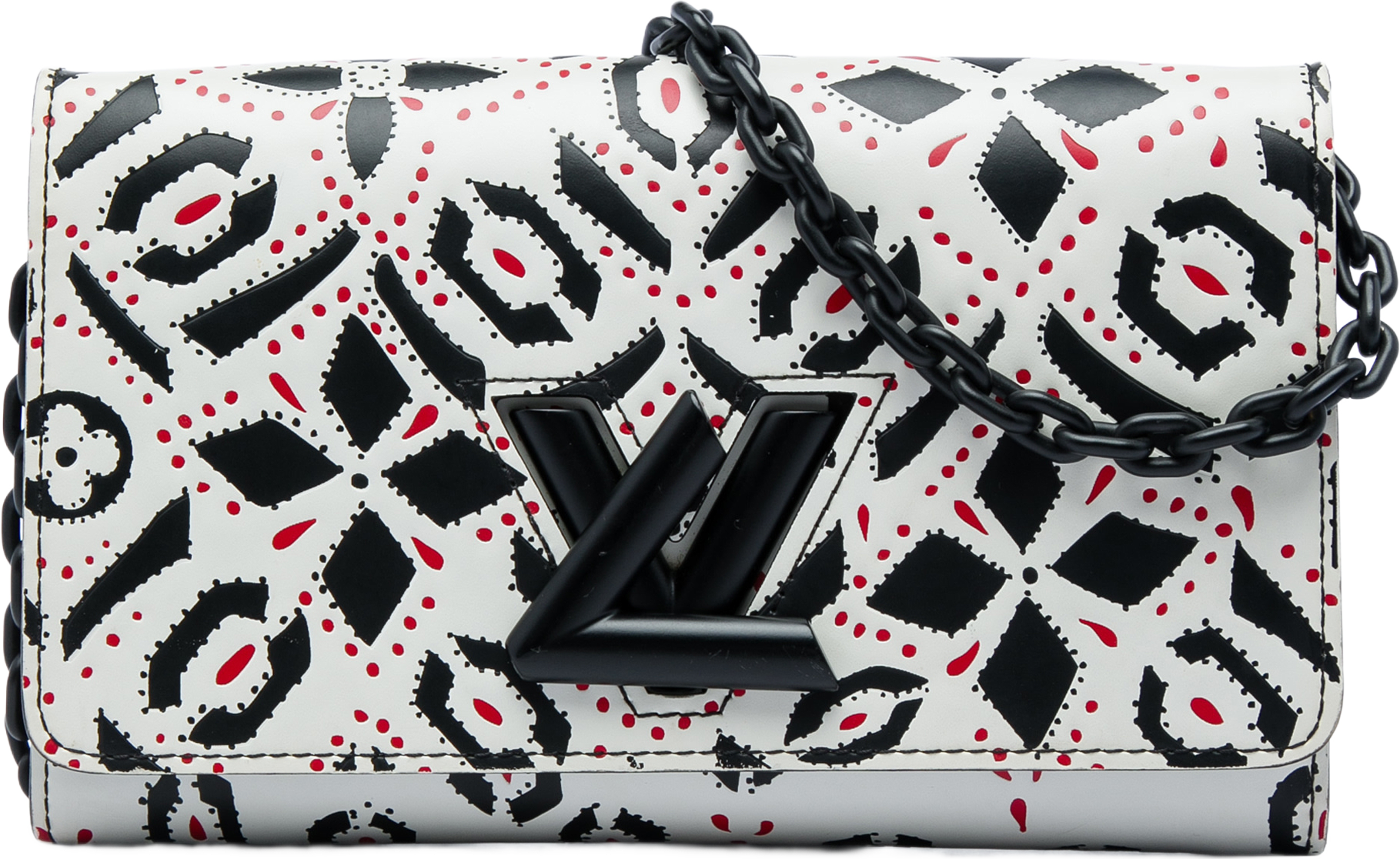 Louis Vuitton Graphic Print Calfskin Twist Wallet On Chain, från Luxclusif, i färgen vit. Klicka för att öppna bilden i stort format