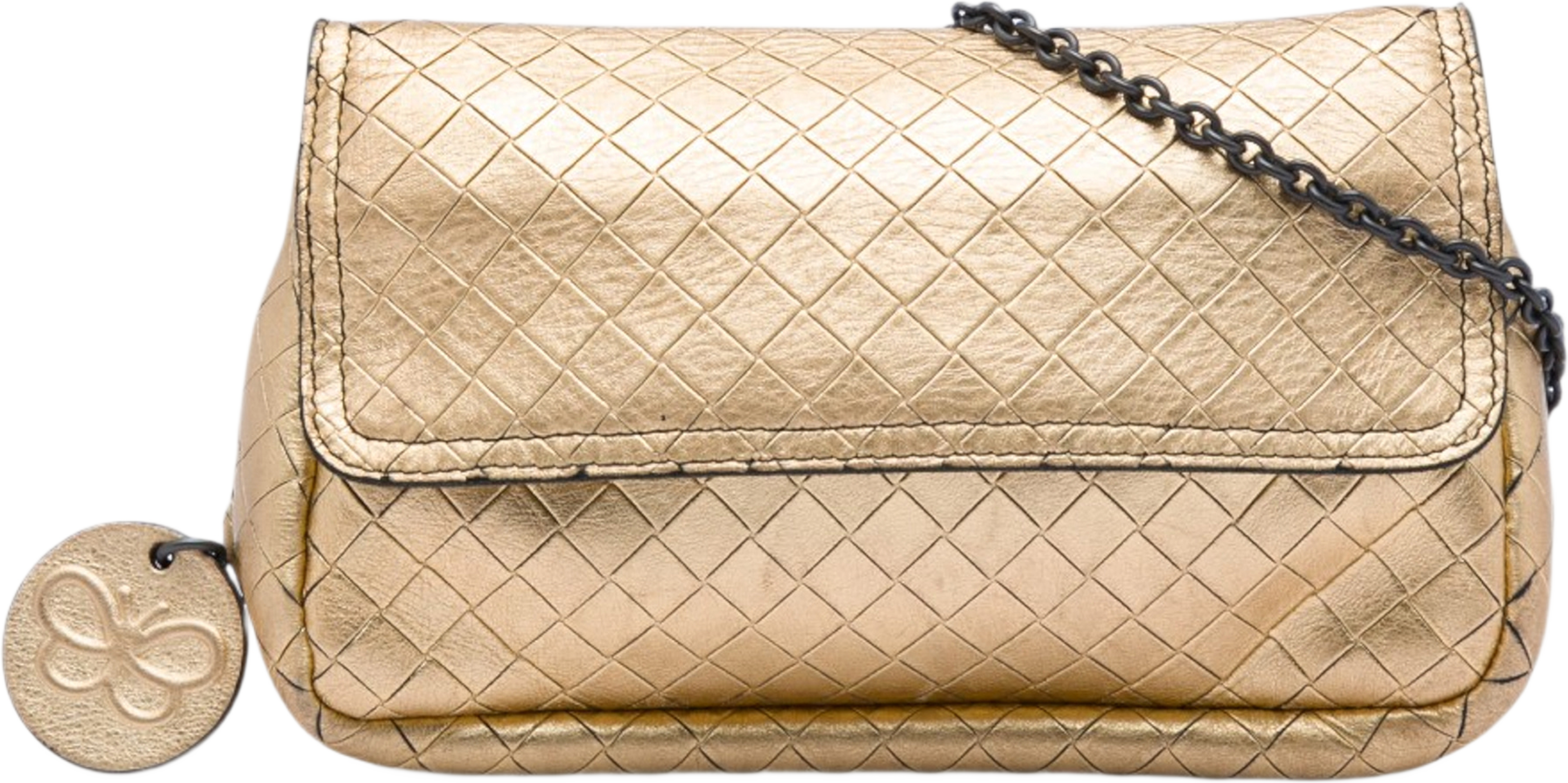 Bottega Veneta Nappa Intrecciomirage Chain Flap Crossbody, från Luxclusif, i färgen guld. Klicka för att öppna bilden i stort format