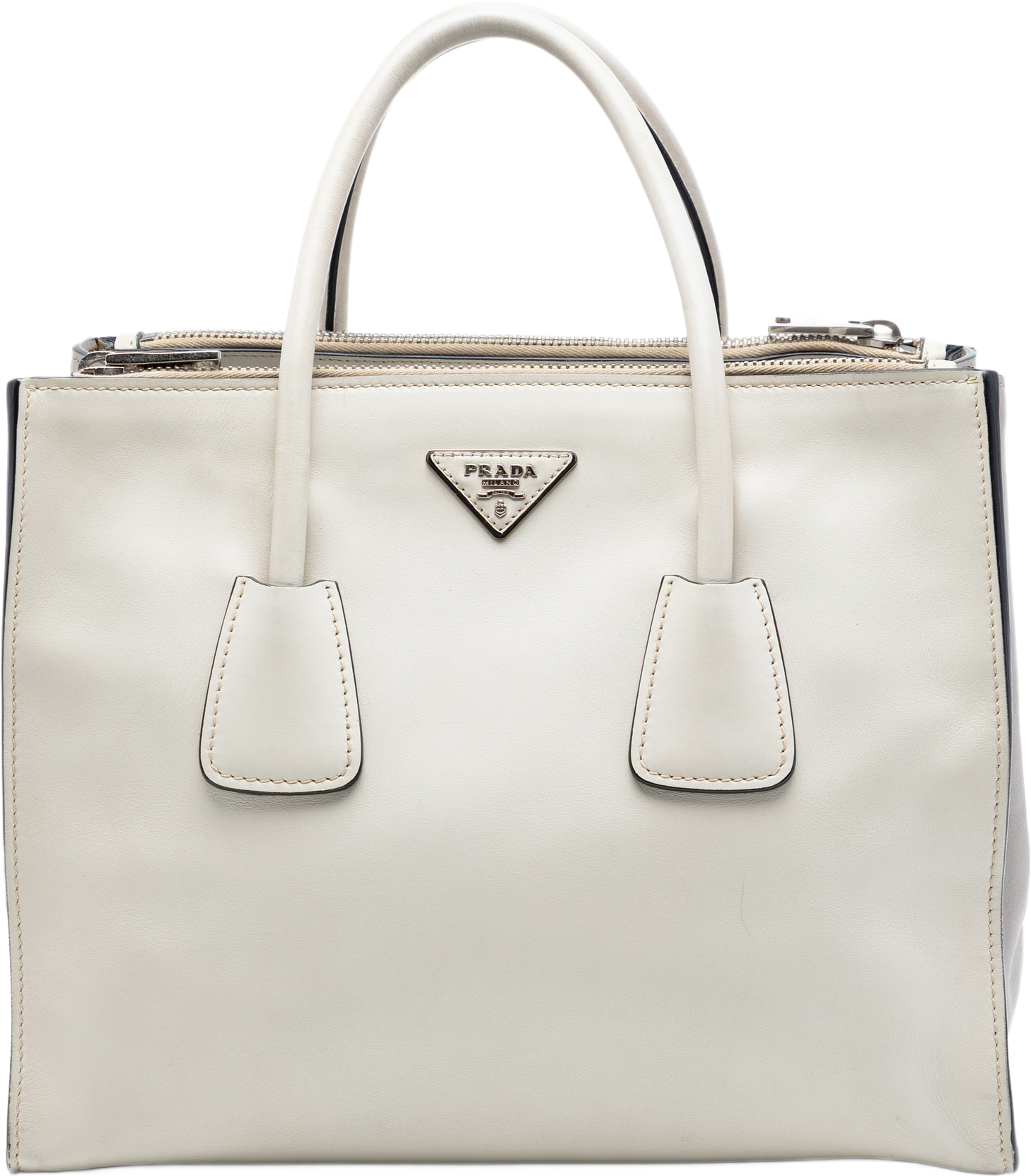 Prada Glace Calf Twin Pocket Double Handle Satchel, från Luxclusif, i färgen white. Klicka för att öppna bilden i stort format