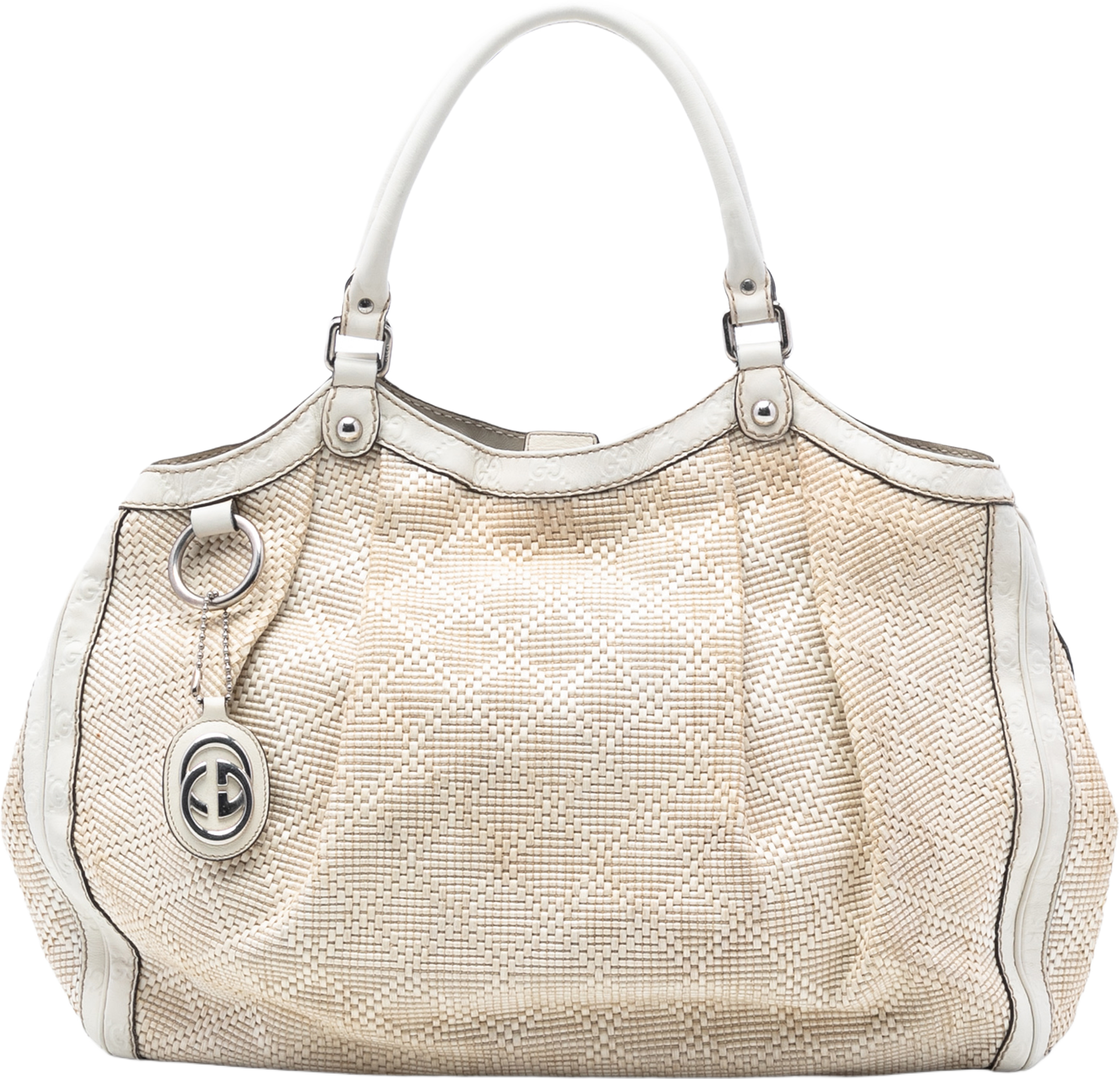 Gucci Large Diamante Raffia Sukey Tote, från Luxclusif, i färgen beige. Klicka för att öppna bilden i stort format
