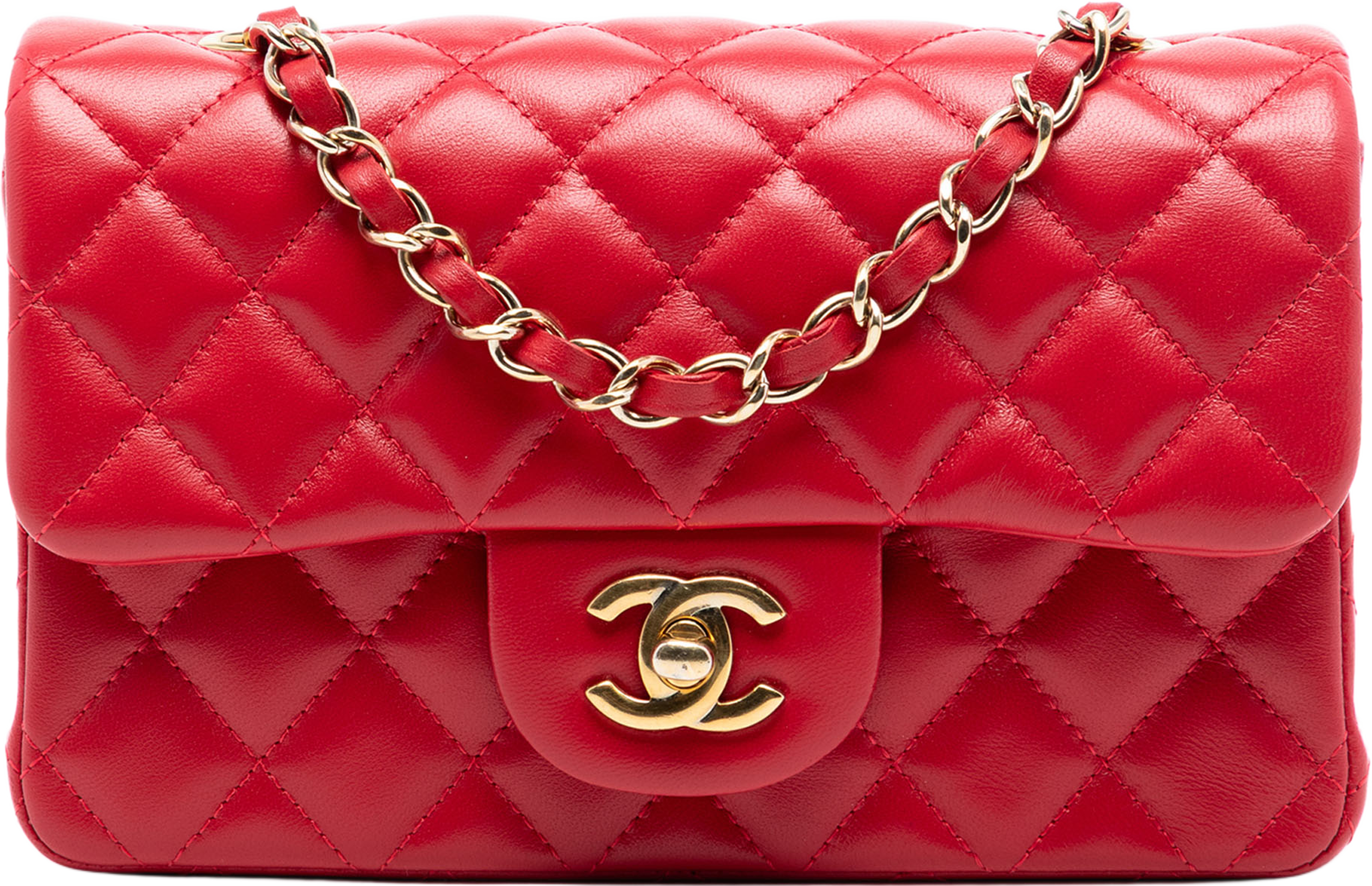 Chanel Mini Rectangular Classic Lambskin Single Flap, från Luxclusif, i färgen red. Klicka för att öppna bilden i stort format