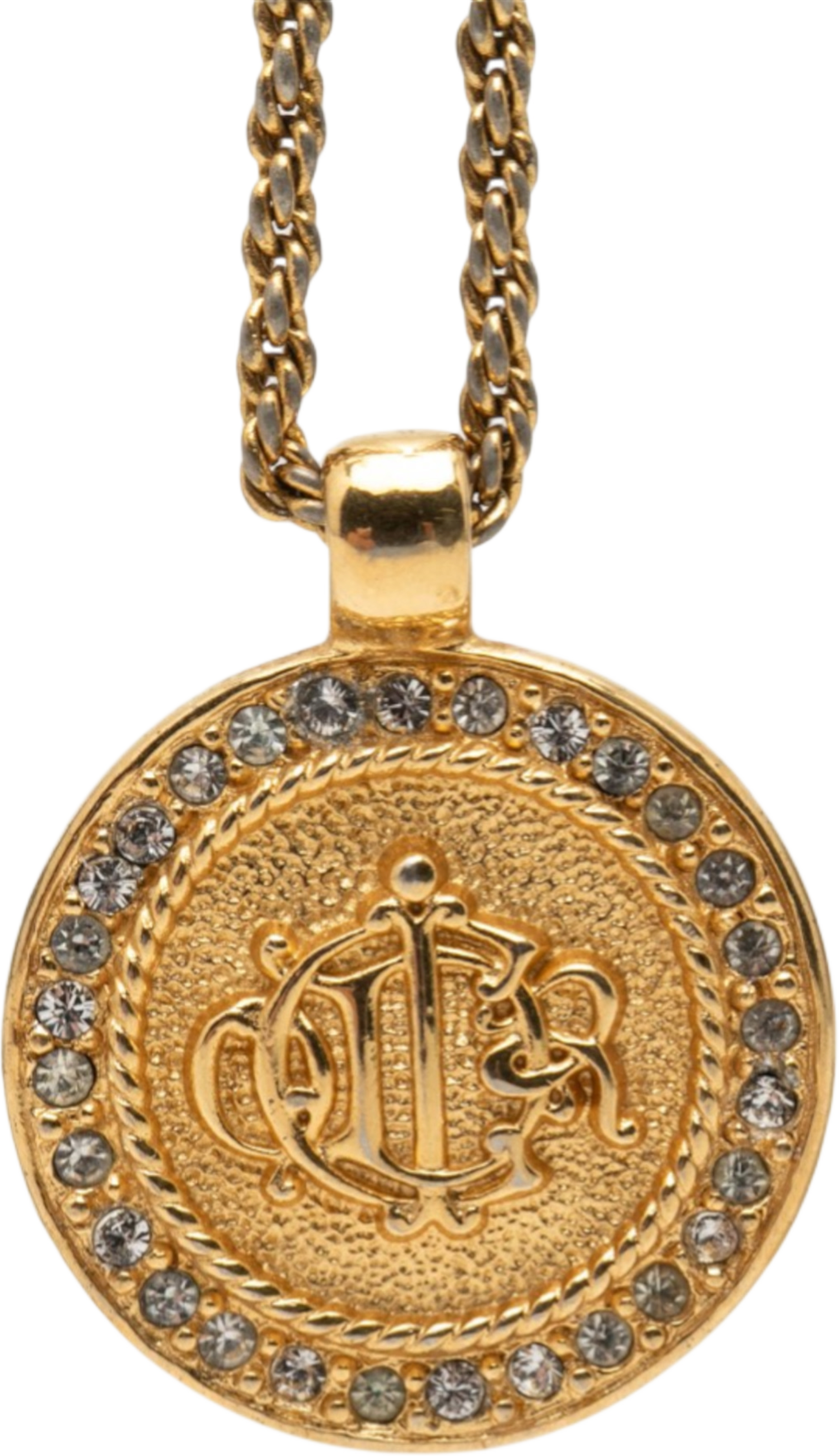 Dior Gold Plated Rhinestone Logo Medallion Pendant Necklace, från Luxclusif, i färgen gold. Klicka för att öppna bilden i stort format
