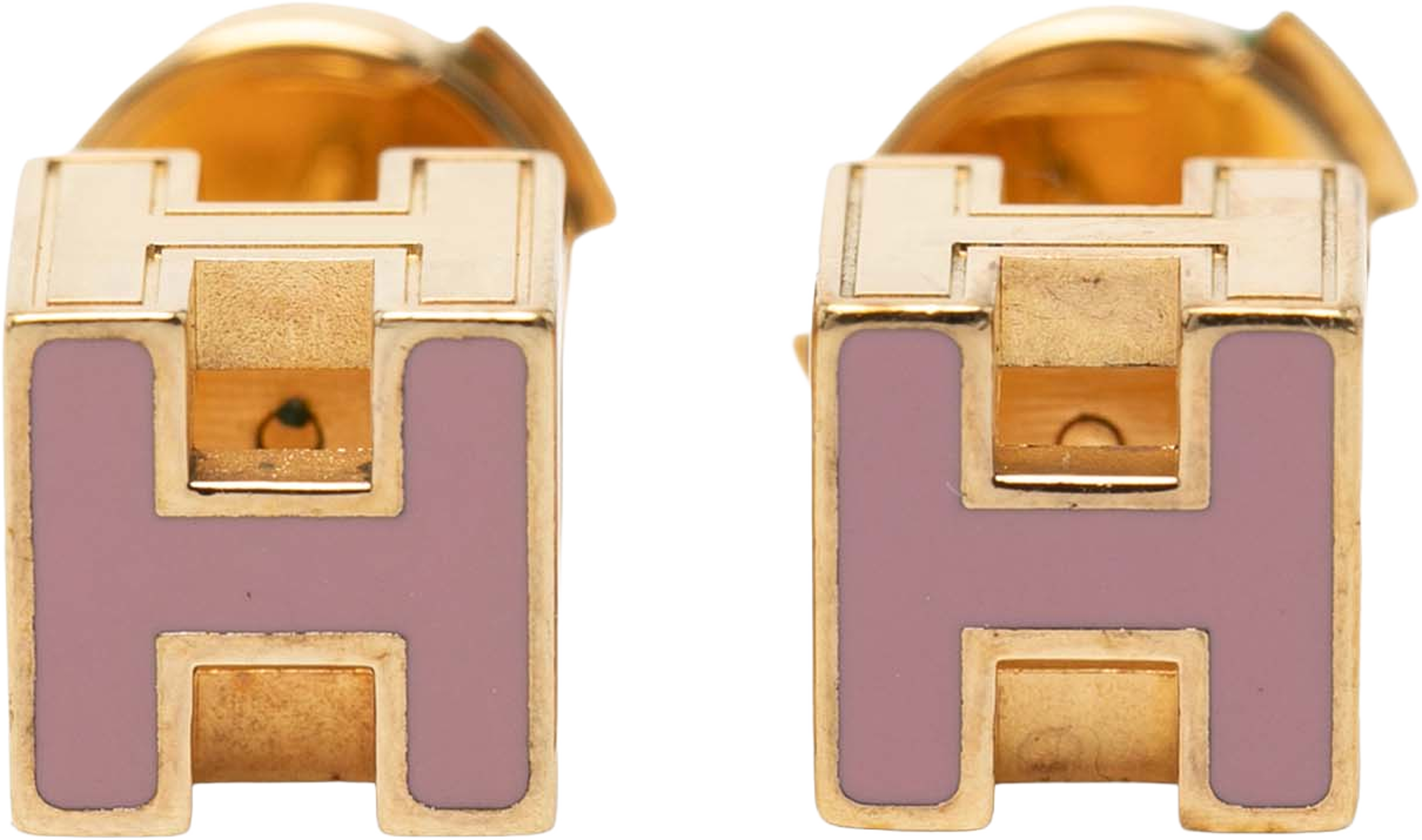 Hermès Gold Plated Enamel Cage Dh Cube Push Back Earrings, från Luxclusif, i färgen purple. Klicka för att öppna bilden i stort format