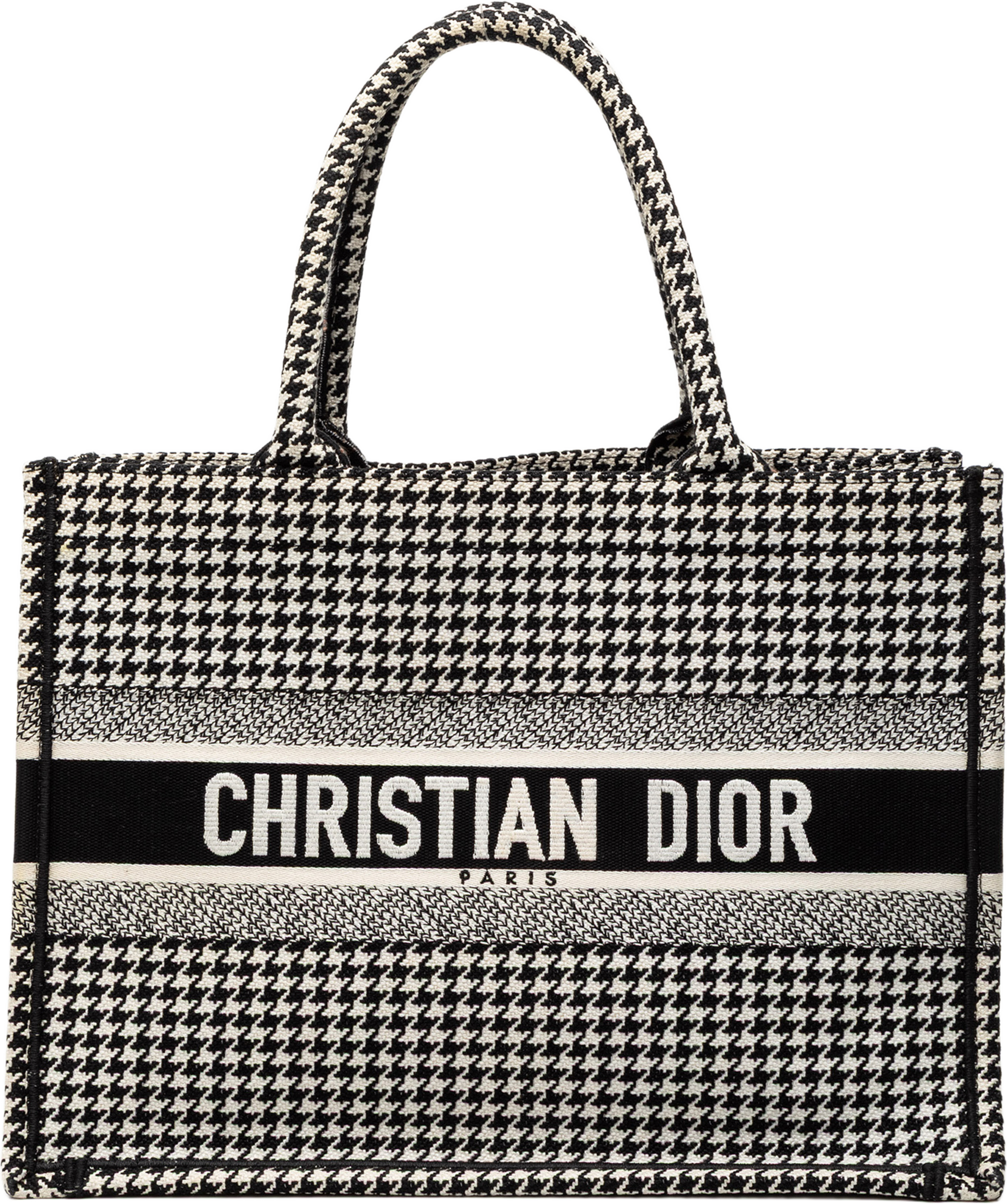 Dior Medium Canvas Houndstooth Embroidered Book Tote, från Luxclusif, i färgen black. Klicka för att öppna bilden i stort format