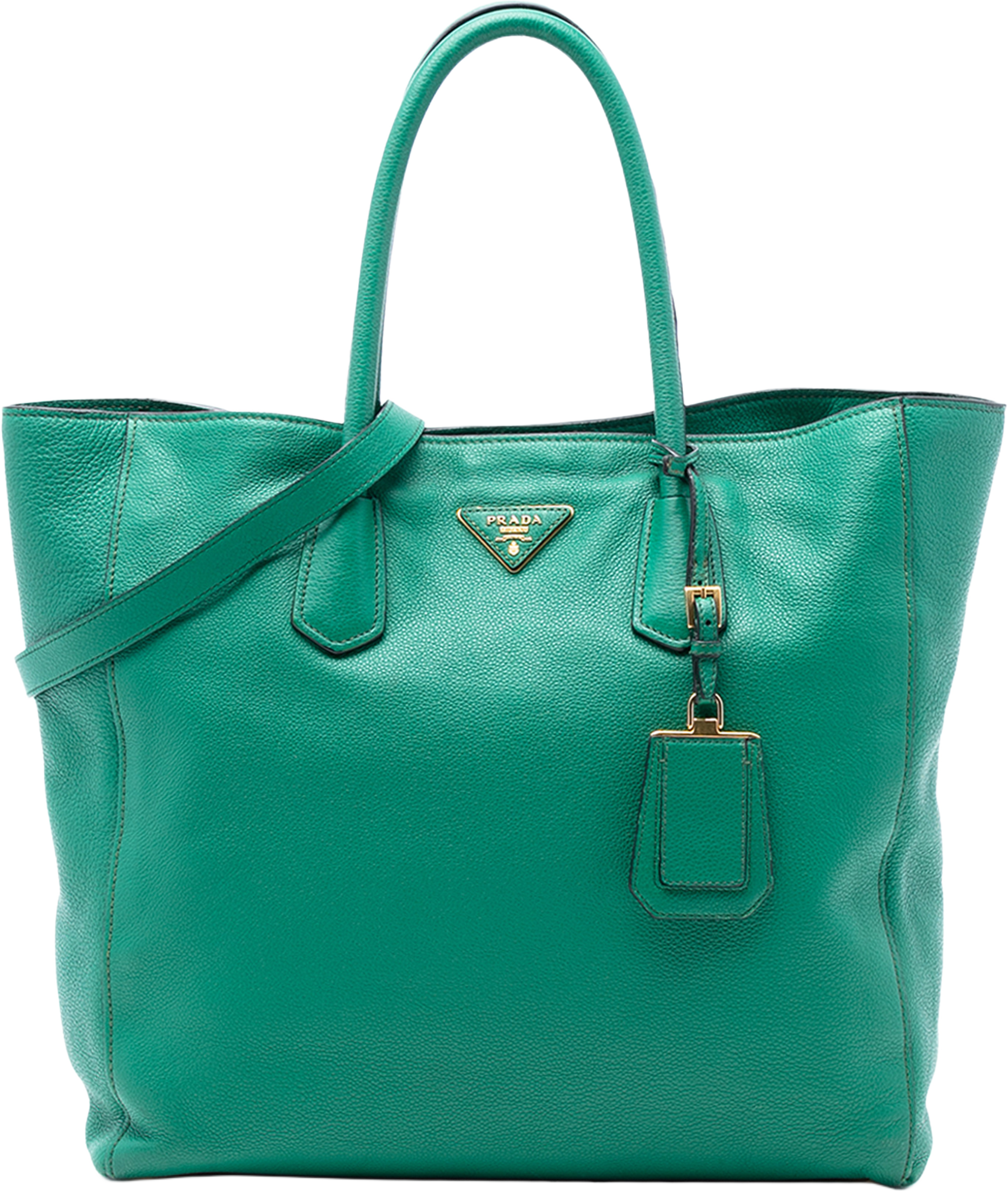 Prada Vitello Daino Open Convertible Tote, från Luxclusif, i färgen green. Klicka för att öppna bilden i stort format
