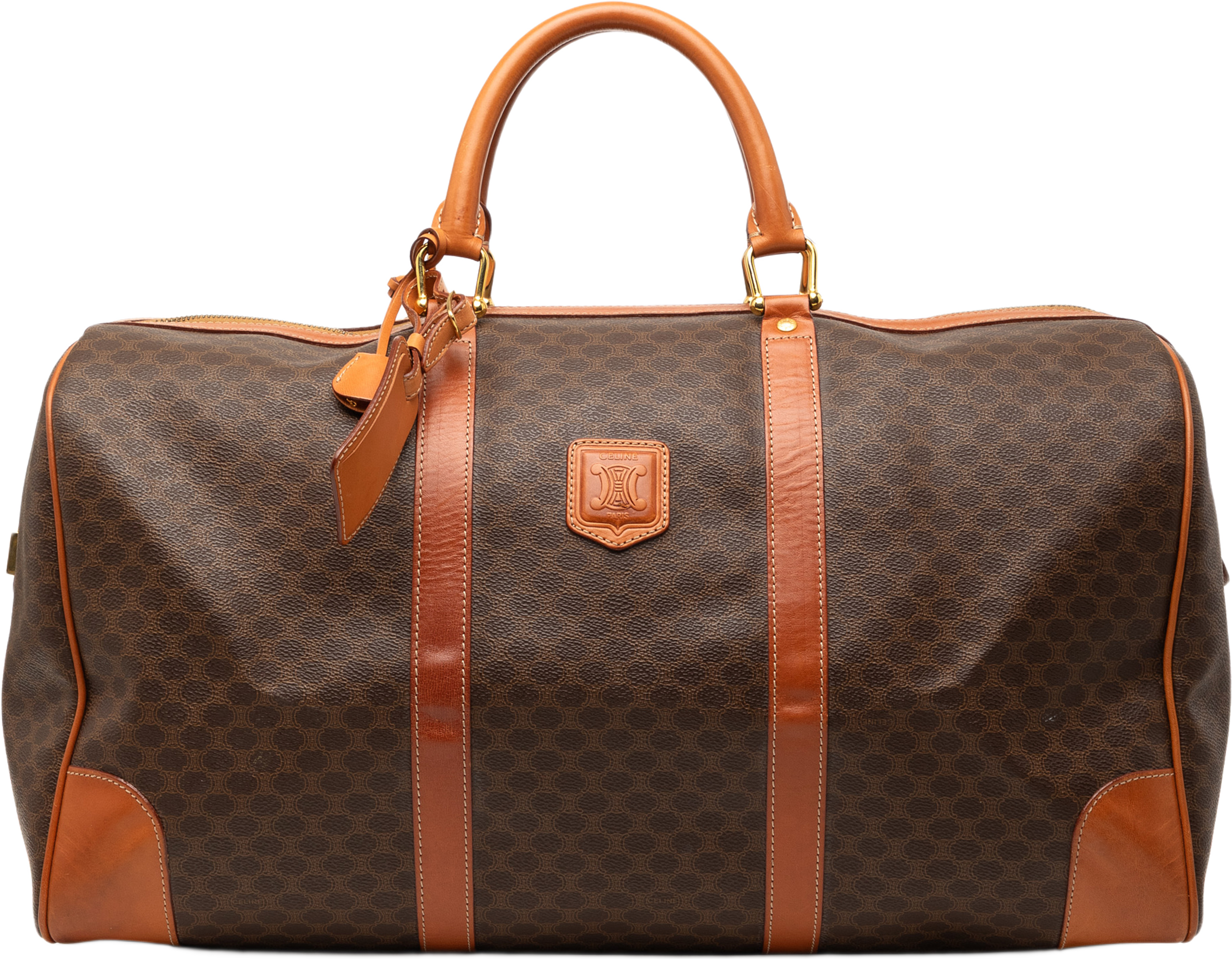 Celine Macadam Coated Canvas Boston Bag, från Luxclusif, i färgen brown. Klicka för att öppna bilden i stort format