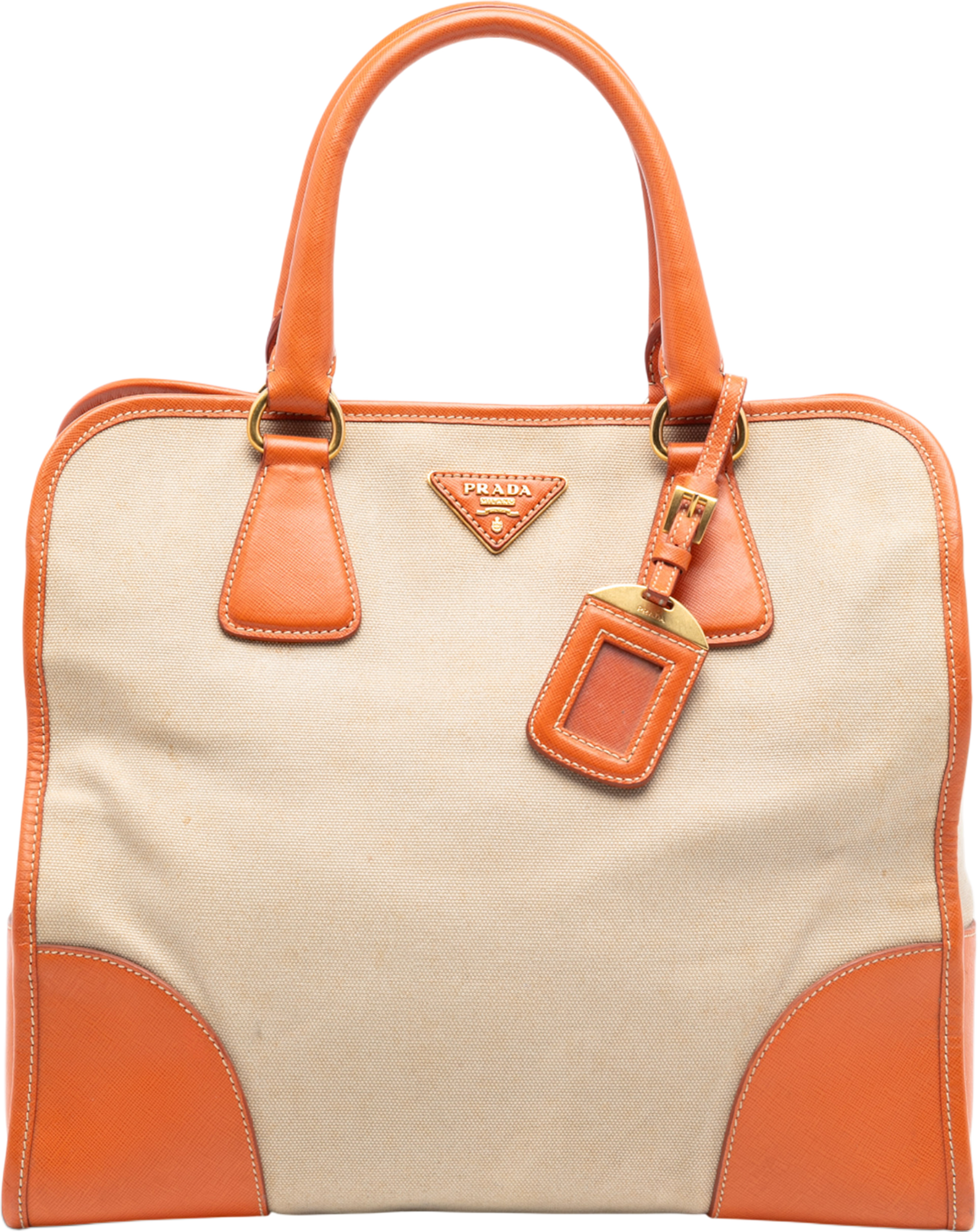 Prada Saffiano Trimmed Canvas Canapa Satchel, från Luxclusif, i färgen beige. Klicka för att öppna bilden i stort format