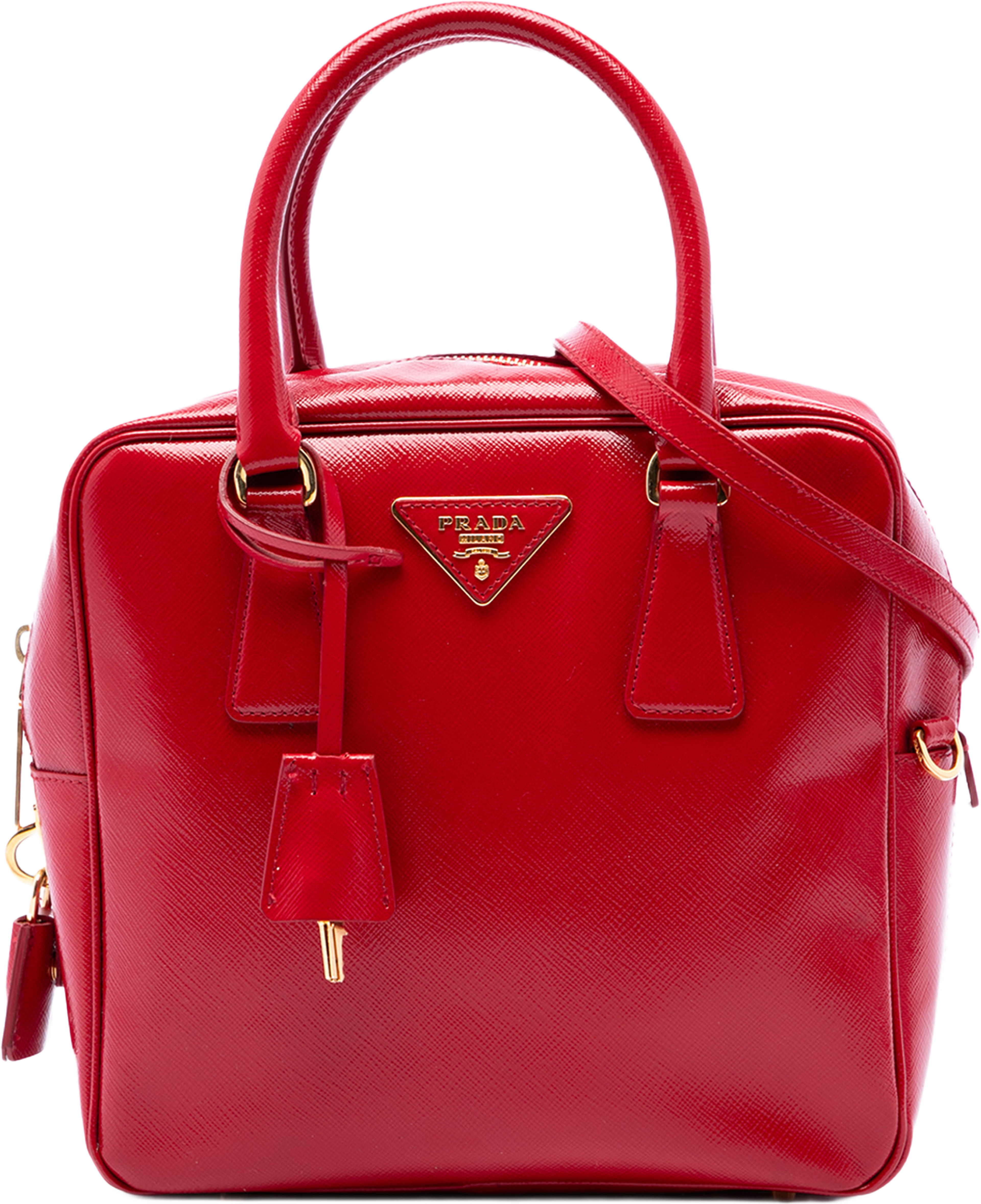 Prada Small Saffiano Vernice Square Bauletto Satchel, från Luxclusif, i färgen röd. Klicka för att öppna bilden i stort format