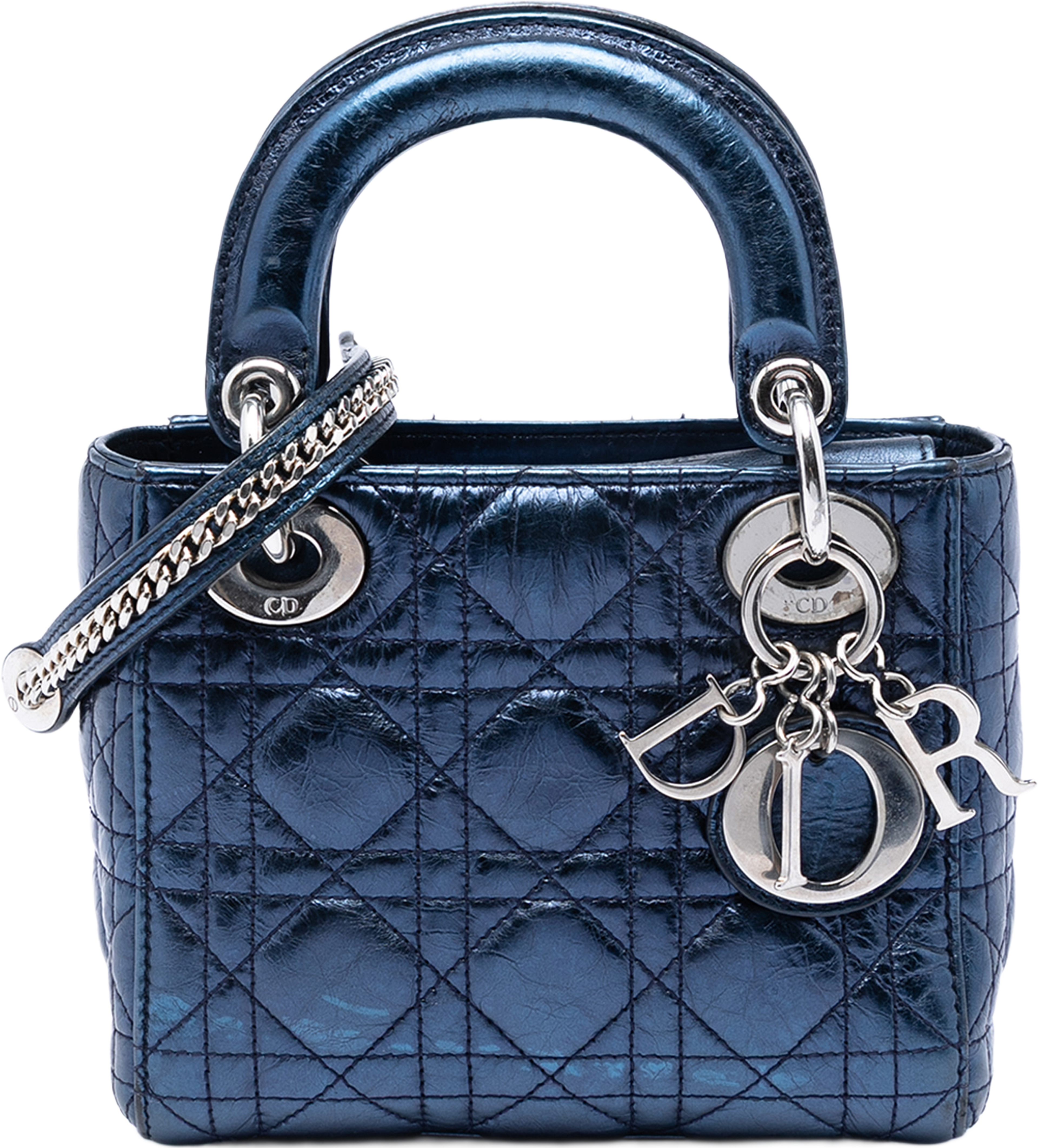 Dior Mini Metallic Crinkled Lambskin Cannage Lady Dior, från Luxclusif, i färgen blå. Klicka för att öppna bilden i stort format