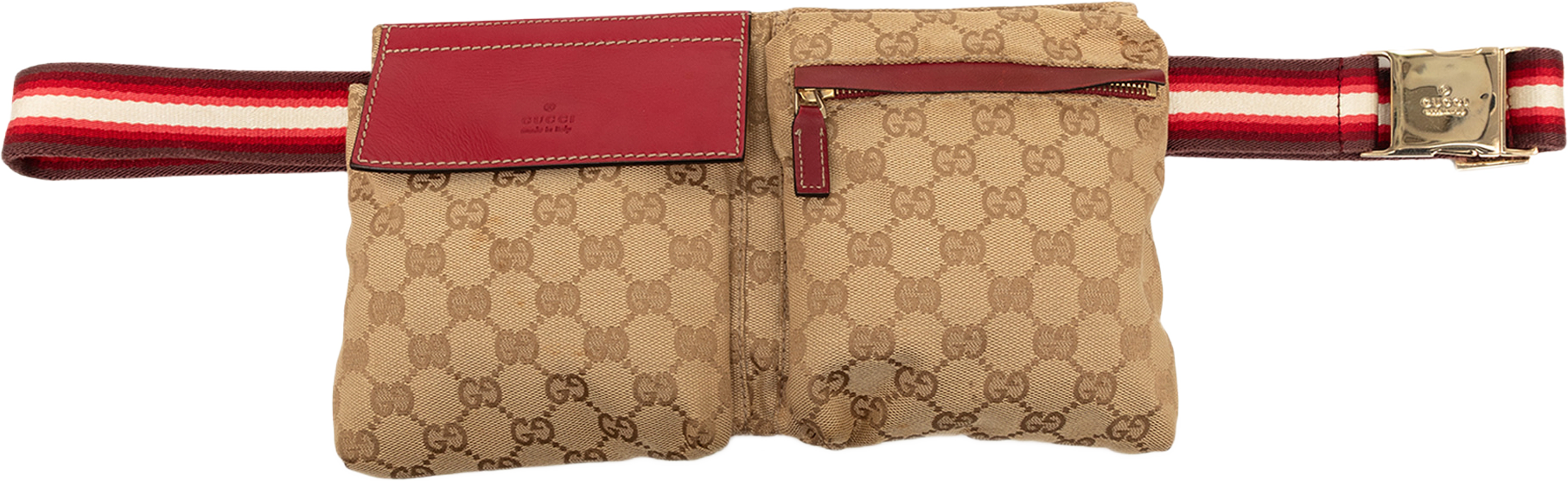 Gucci Gg Canvas Web Double Pocket Belt Bag, från Luxclusif, i färgen röd. Klicka för att öppna bilden i stort format