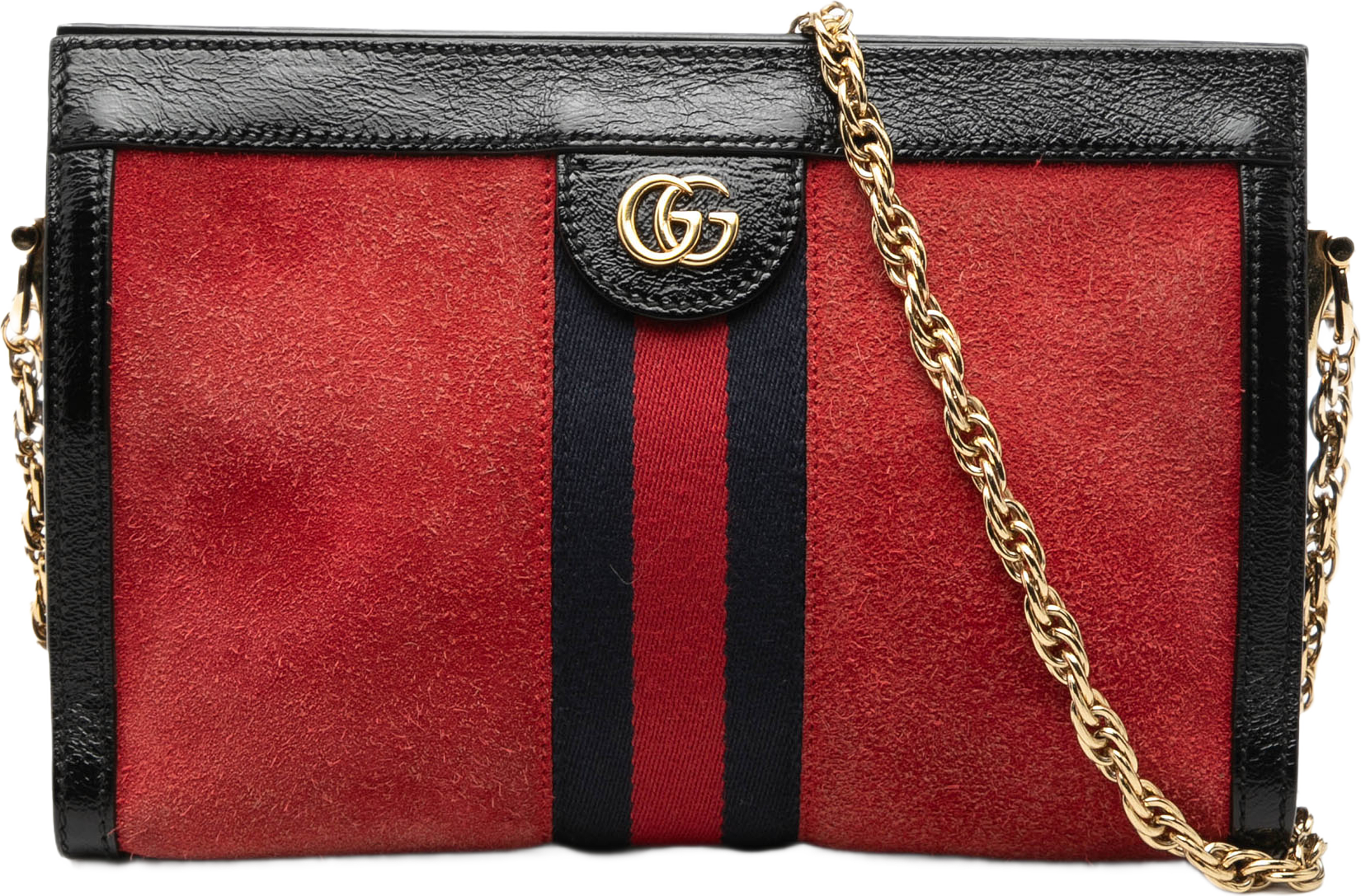 Gucci Small Suede Web Ophidia Chain Crossbody, från Luxclusif, i färgen svart. Klicka för att öppna bilden i stort format