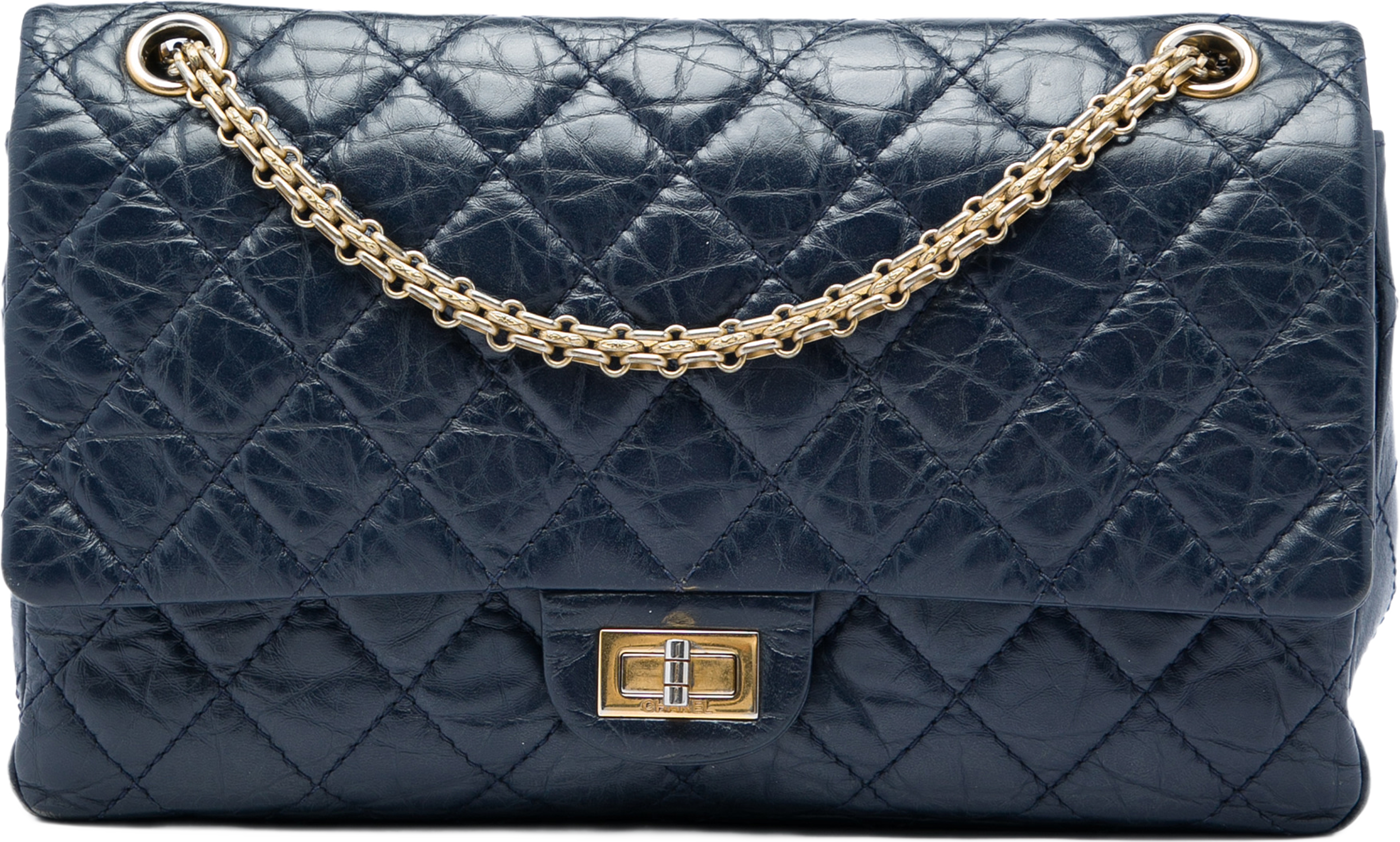 Chanel Quilted Aged Calfskin Reissue 2.55 Double Flap 226, från Luxclusif, i färgen blå. Klicka för att öppna bilden i stort format