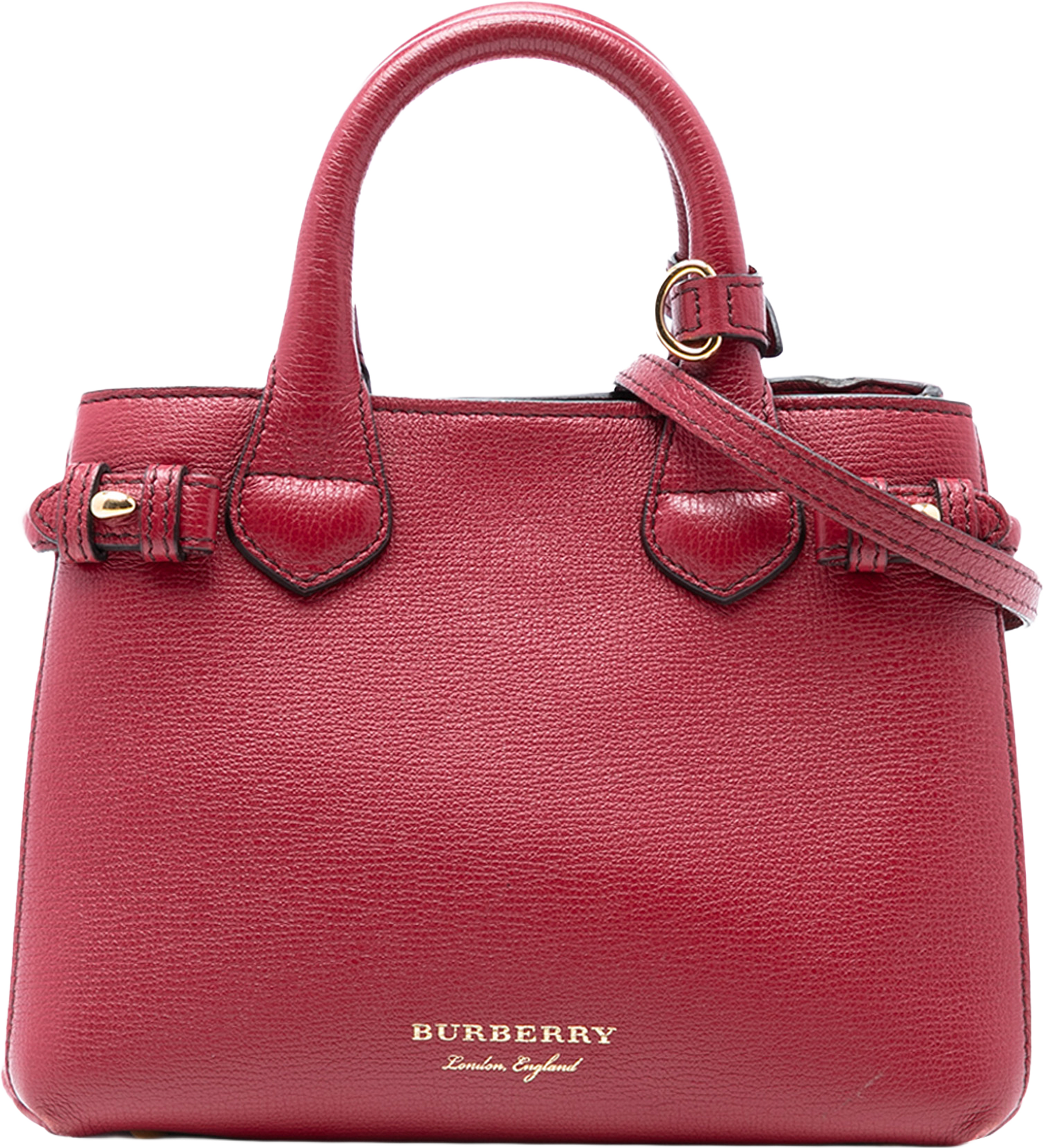 Burberry Small Grainy Calfskin And House Check Banner Satchel, från Luxclusif, i färgen red. Klicka för att öppna bilden i stort format