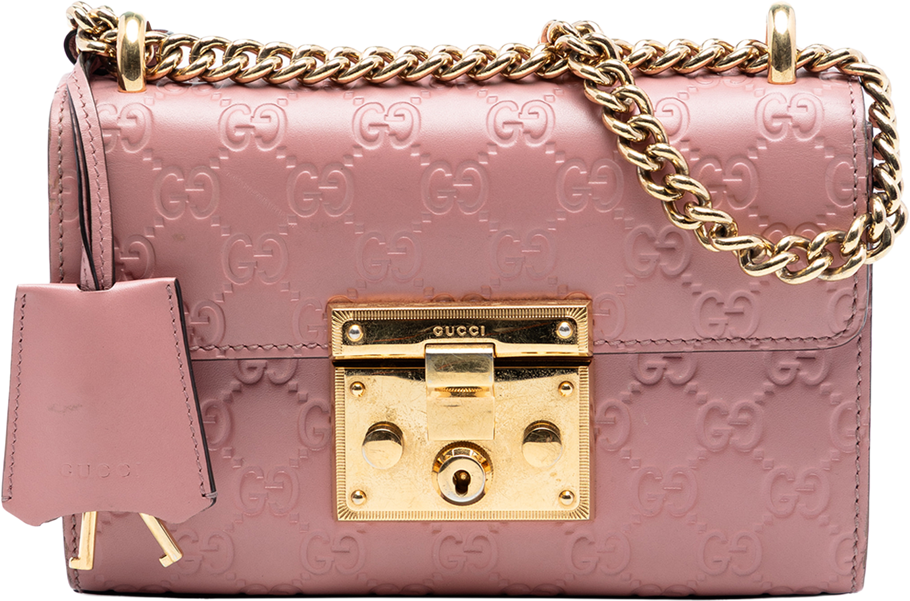 Gucci Small Guccissima Padlock Crossbody, från Luxclusif, i färgen pink. Klicka för att öppna bilden i stort format