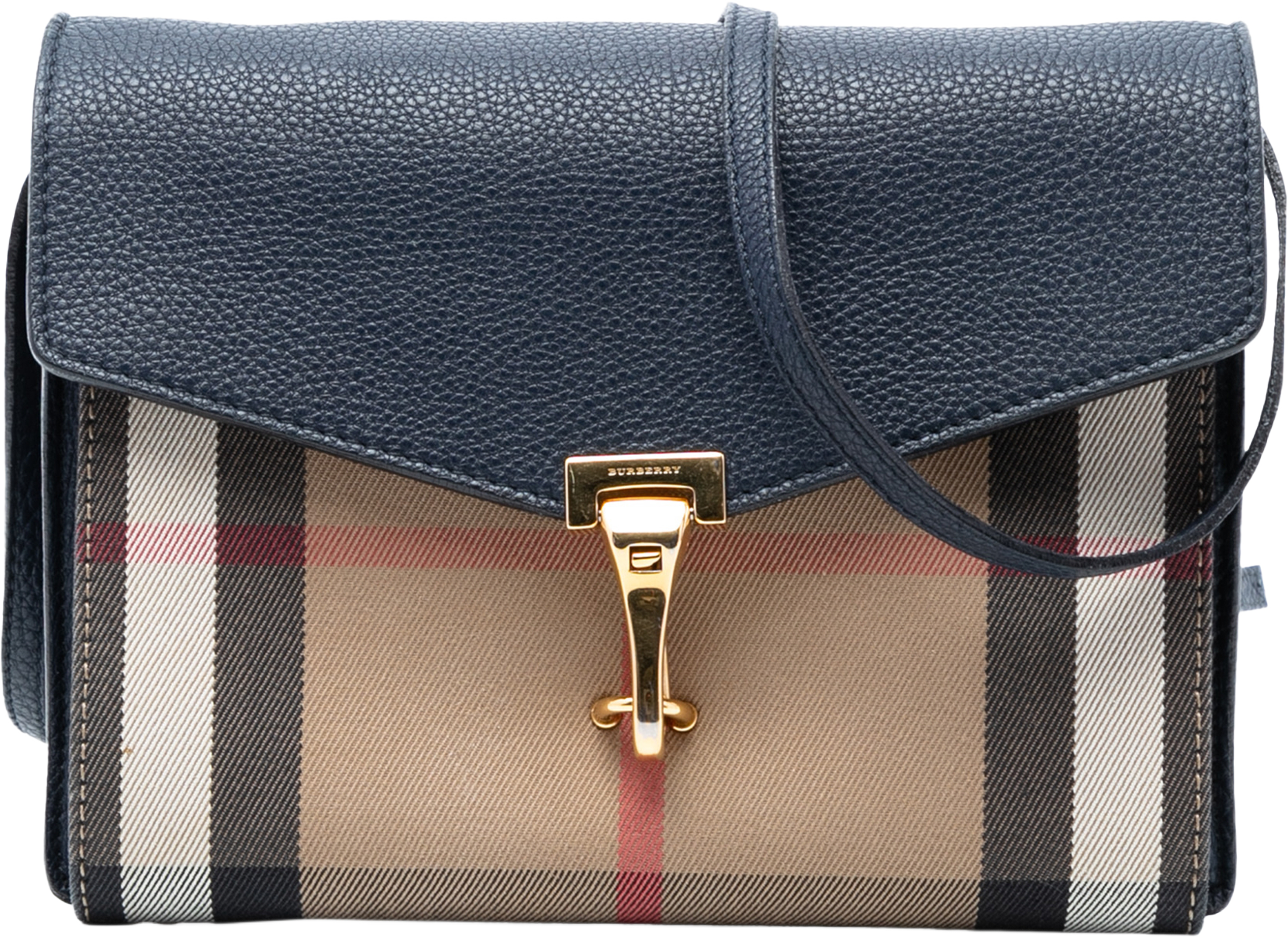 Burberry Small Leather And House Check Canvas Derby Macken Crossbody, från Luxclusif, i färgen navy. Klicka för att öppna bilden i stort format