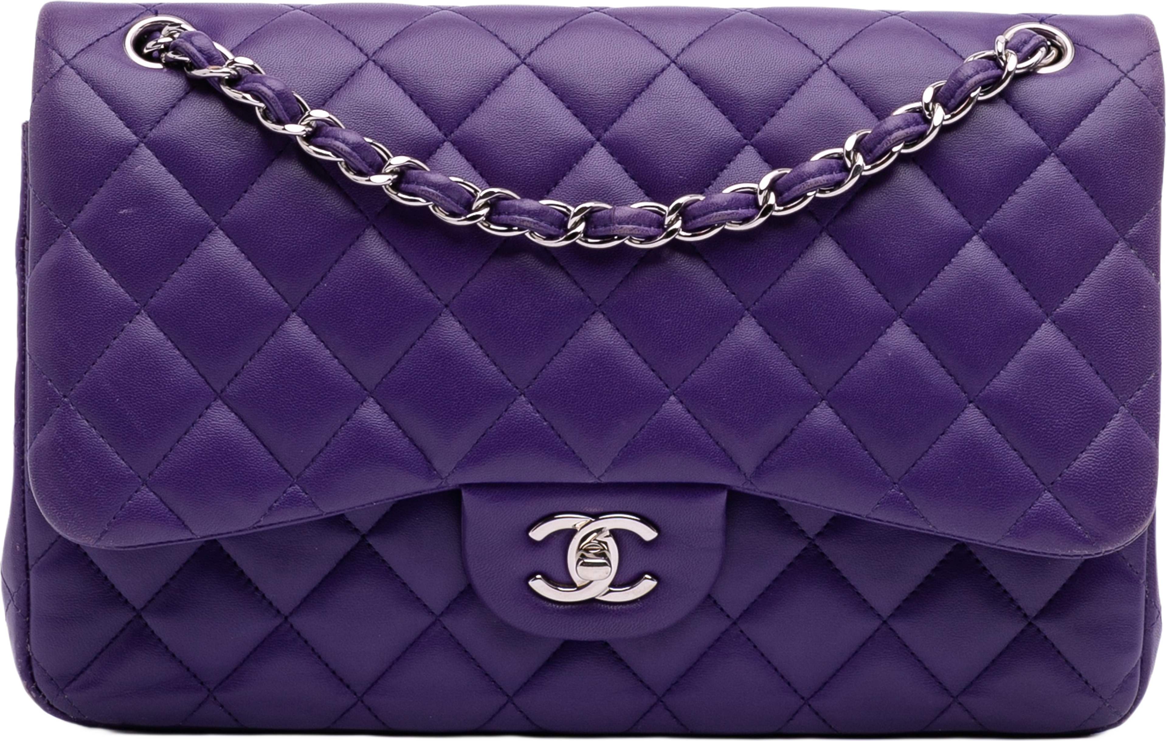 Chanel Jumbo Classic Lambskin Double Flap, från Luxclusif, i färgen purple. Klicka för att öppna bilden i stort format