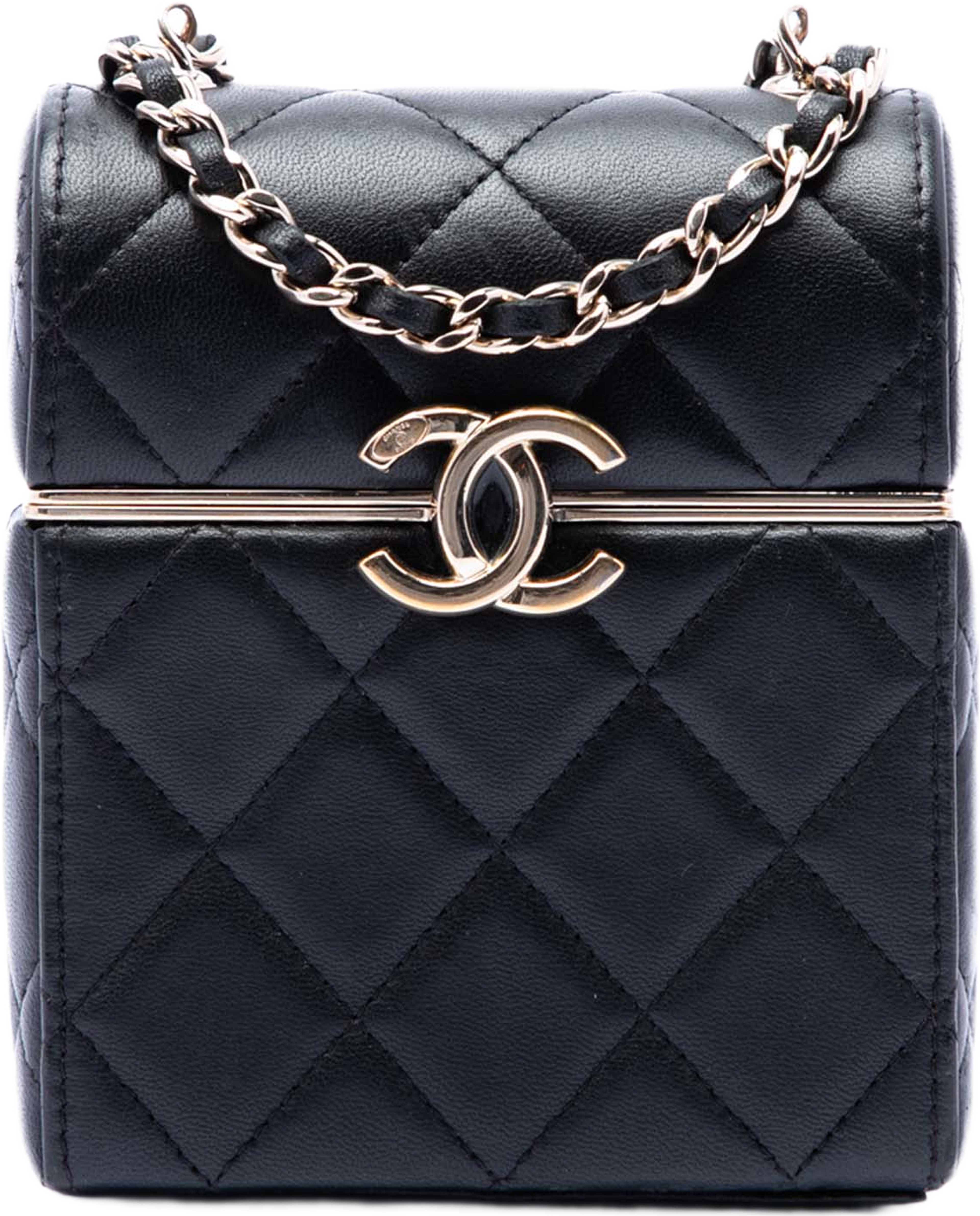 Chanel Small Quilted Lambskin Box With Chain, från Luxclusif, i färgen black. Klicka för att öppna bilden i stort format