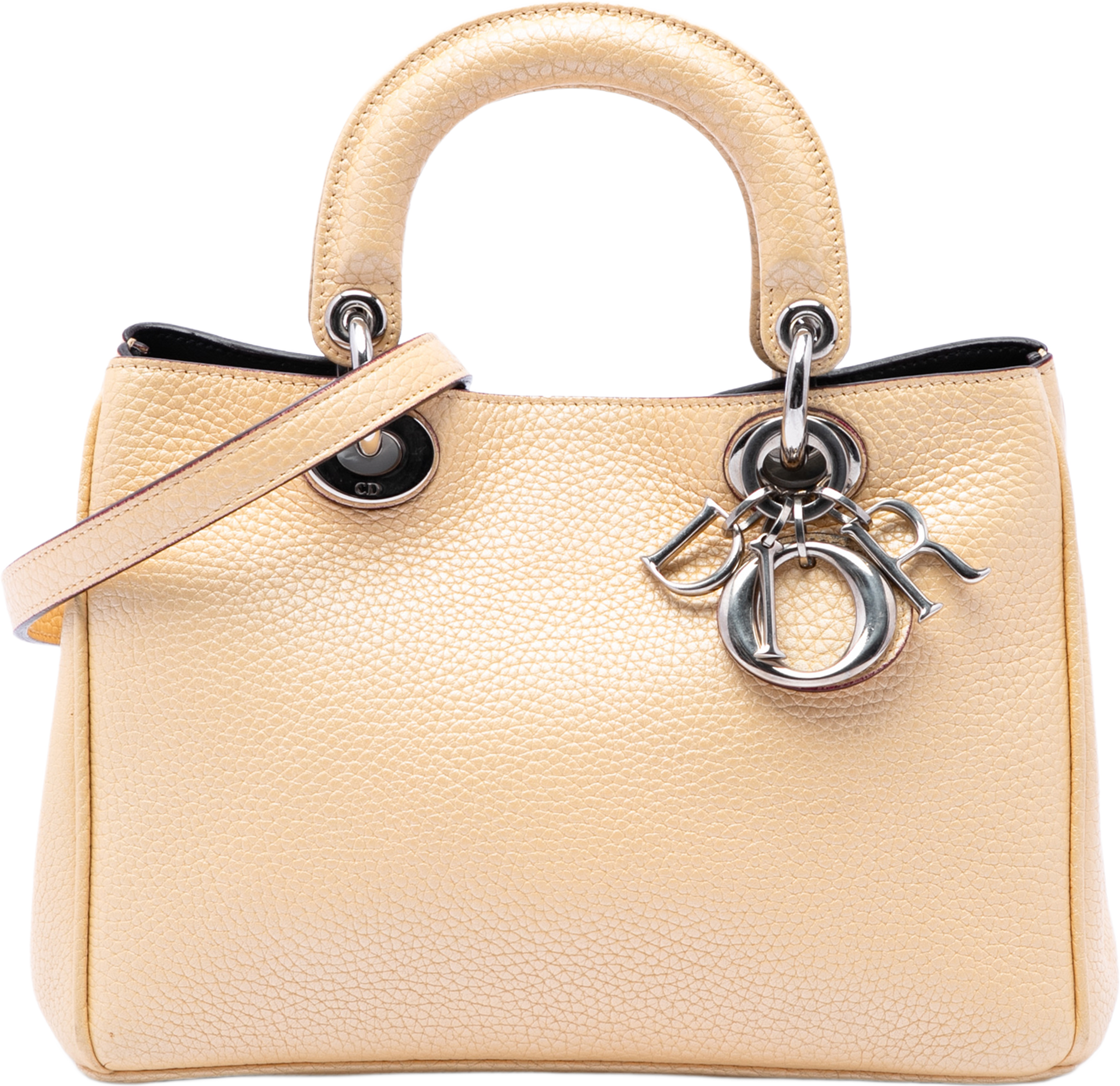 Dior Mini Metallic Leather Diorissimo Satchel, från Luxclusif, i färgen gul. Klicka för att öppna bilden i stort format