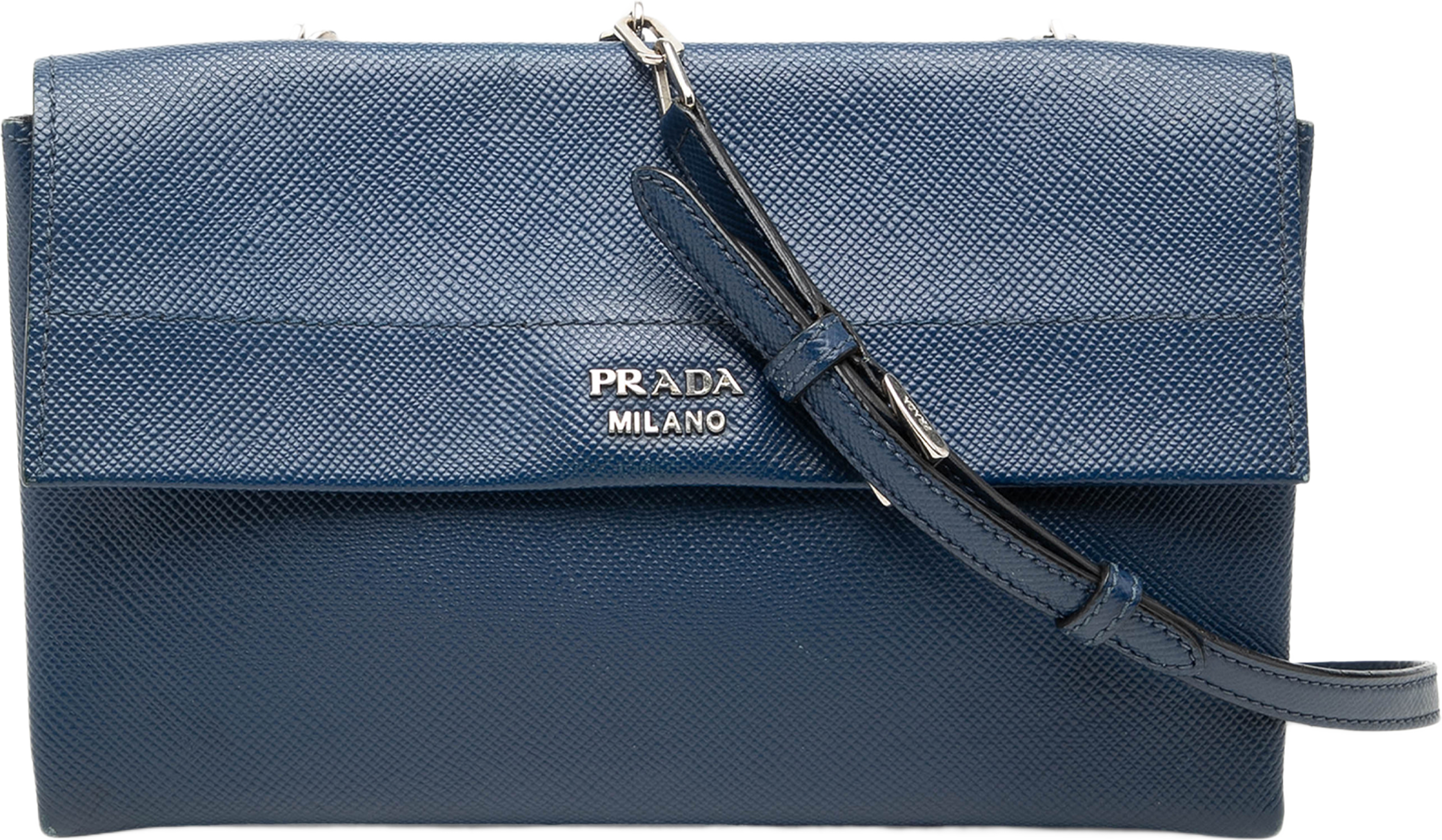 Prada Saffiano Leather Double Turnlock Crossbody, från Luxclusif, i färgen dark blue. Klicka för att öppna bilden i stort format