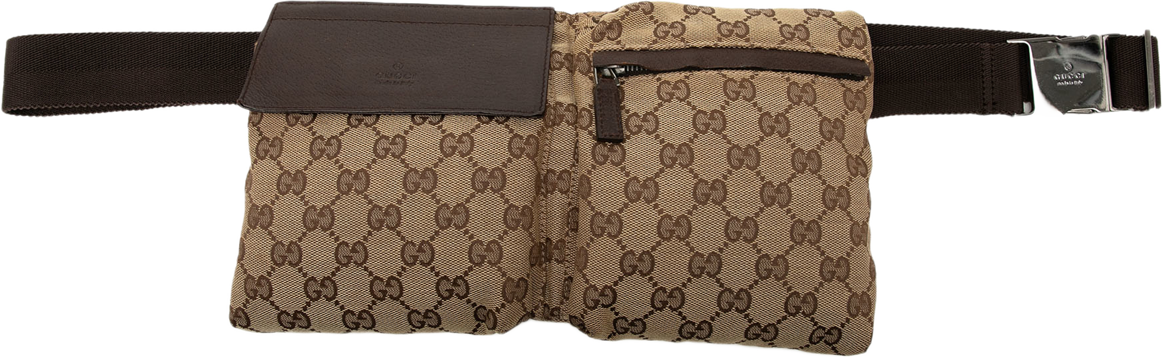 Gucci Gg Canvas Double Pocket Belt Bag, från Luxclusif, i färgen beige. Klicka för att öppna bilden i stort format