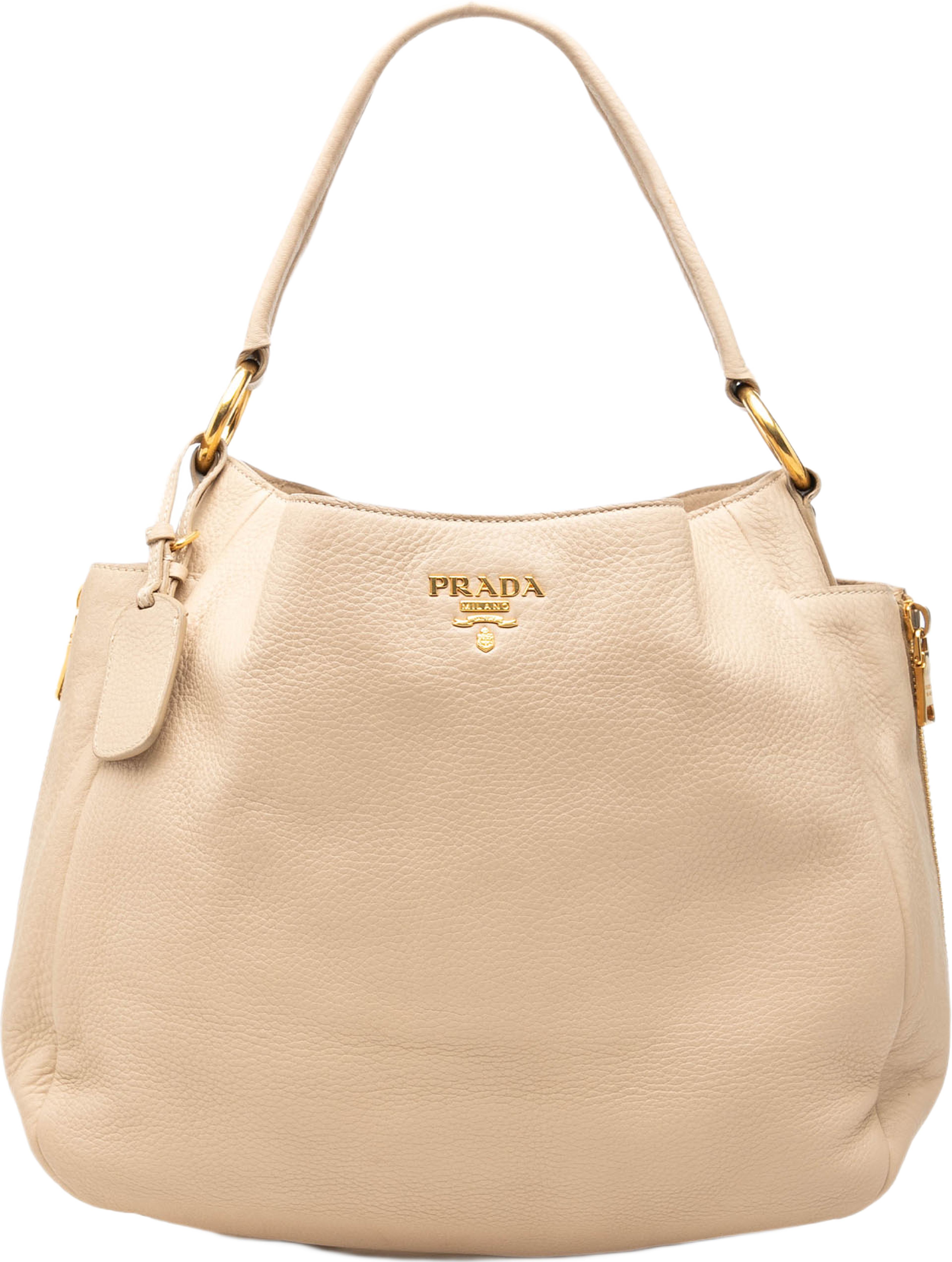 Prada Vitello Daino Side Zip Pocket Hobo, från Luxclusif, i färgen light beige. Klicka för att öppna bilden i stort format