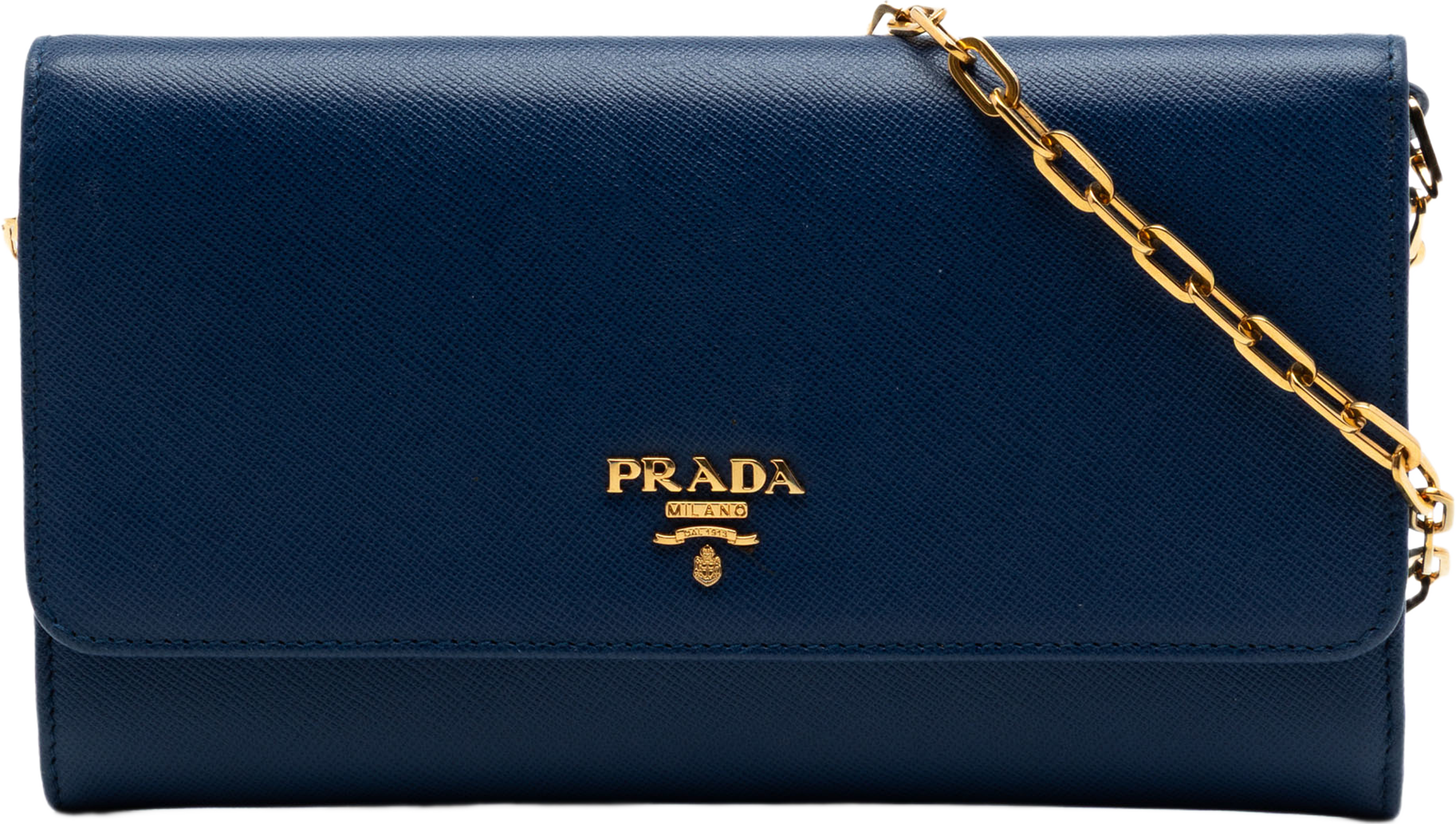 Prada Saffiano Wallet On Chain, från Luxclusif, i färgen navy. Klicka för att öppna bilden i stort format