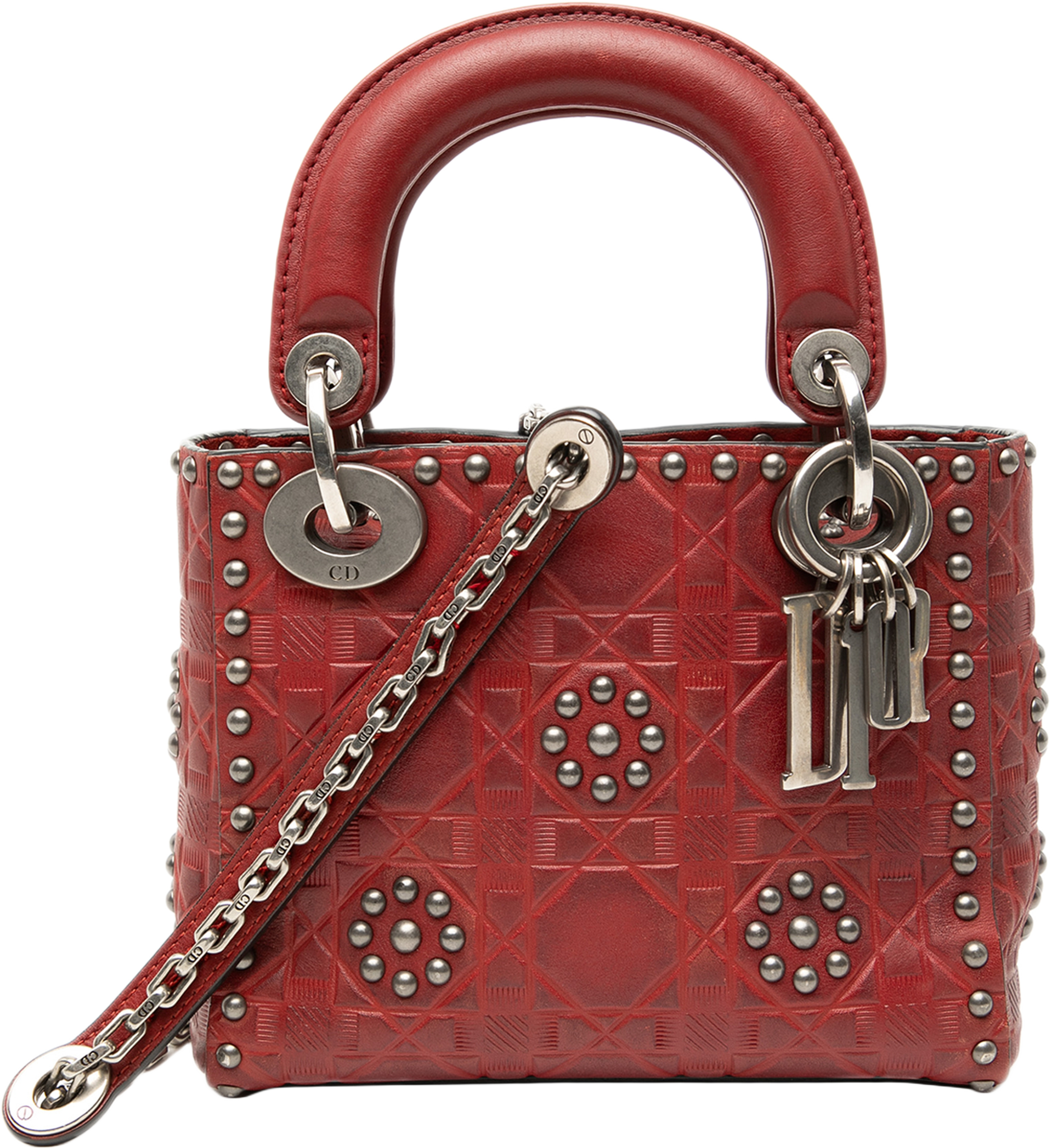 Dior Mini Embossed Calfskin Cannage Studded Flower Lady Dior, från Luxclusif, i färgen red. Klicka för att öppna bilden i stort format