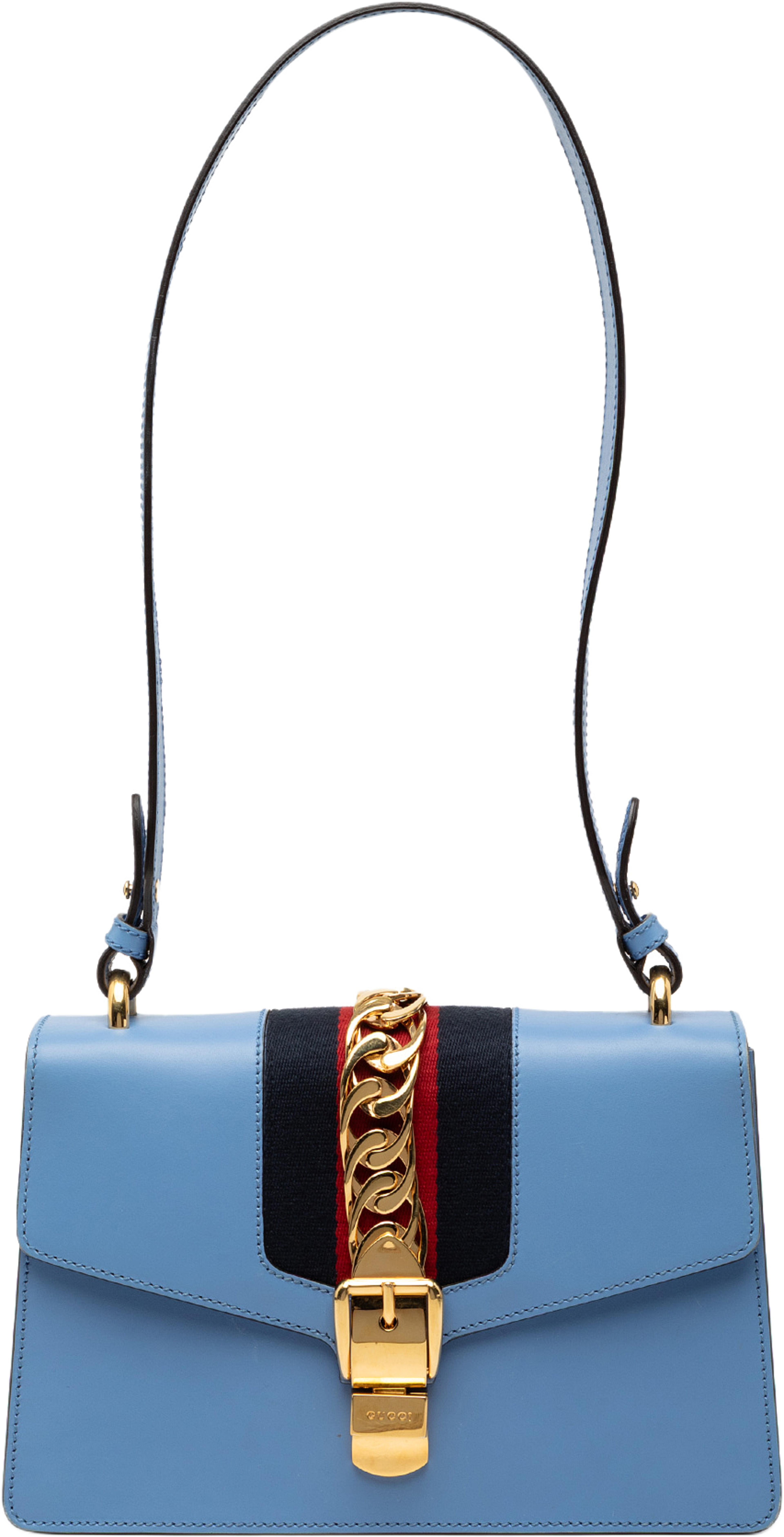 Gucci Small Leather Sylvie Web Satchel, från Luxclusif, i färgen light blue. Klicka för att öppna bilden i stort format