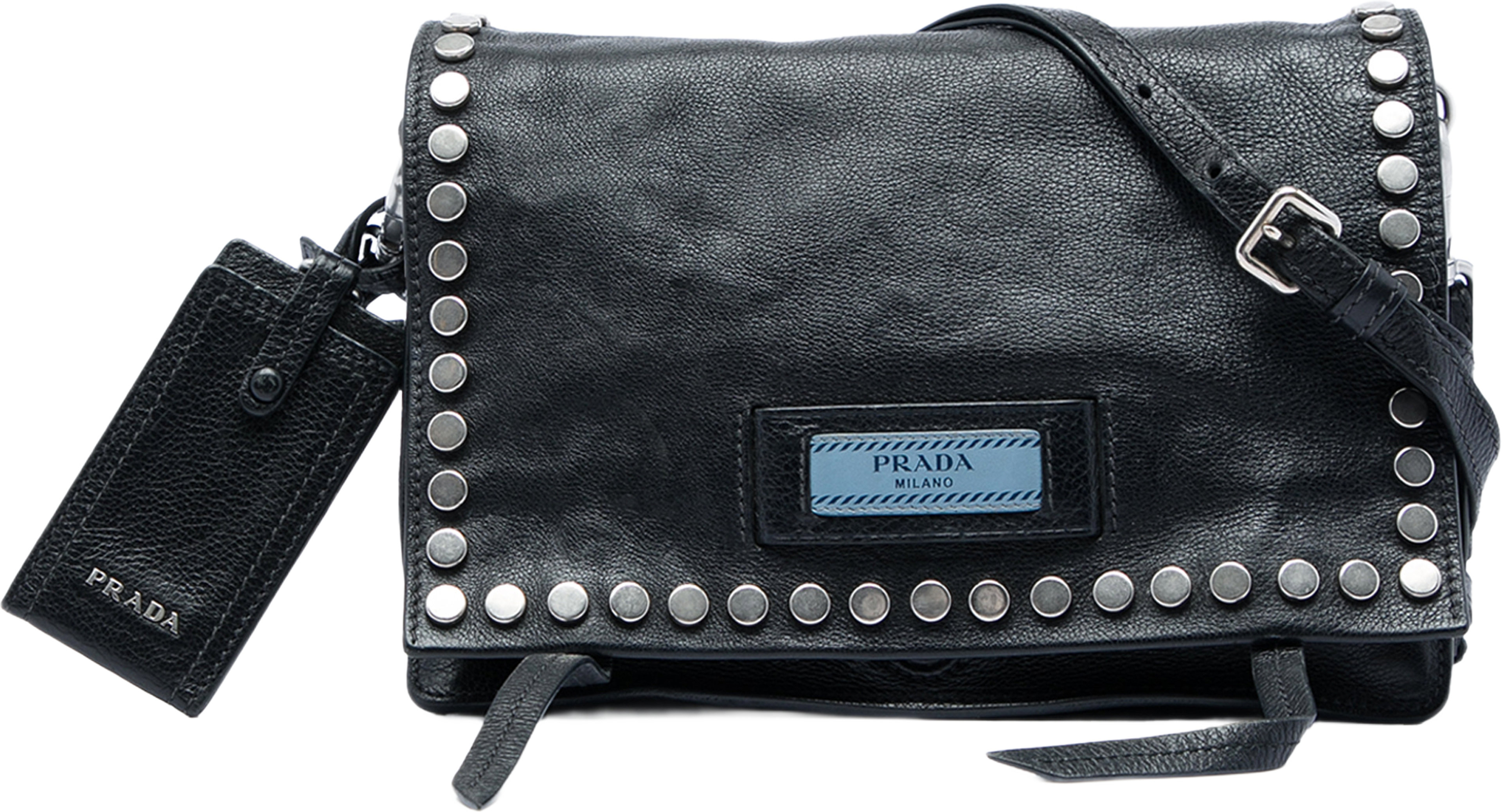 Prada Glace Calf Studded Etiquette Flap, från Luxclusif, i färgen svart. Klicka för att öppna bilden i stort format