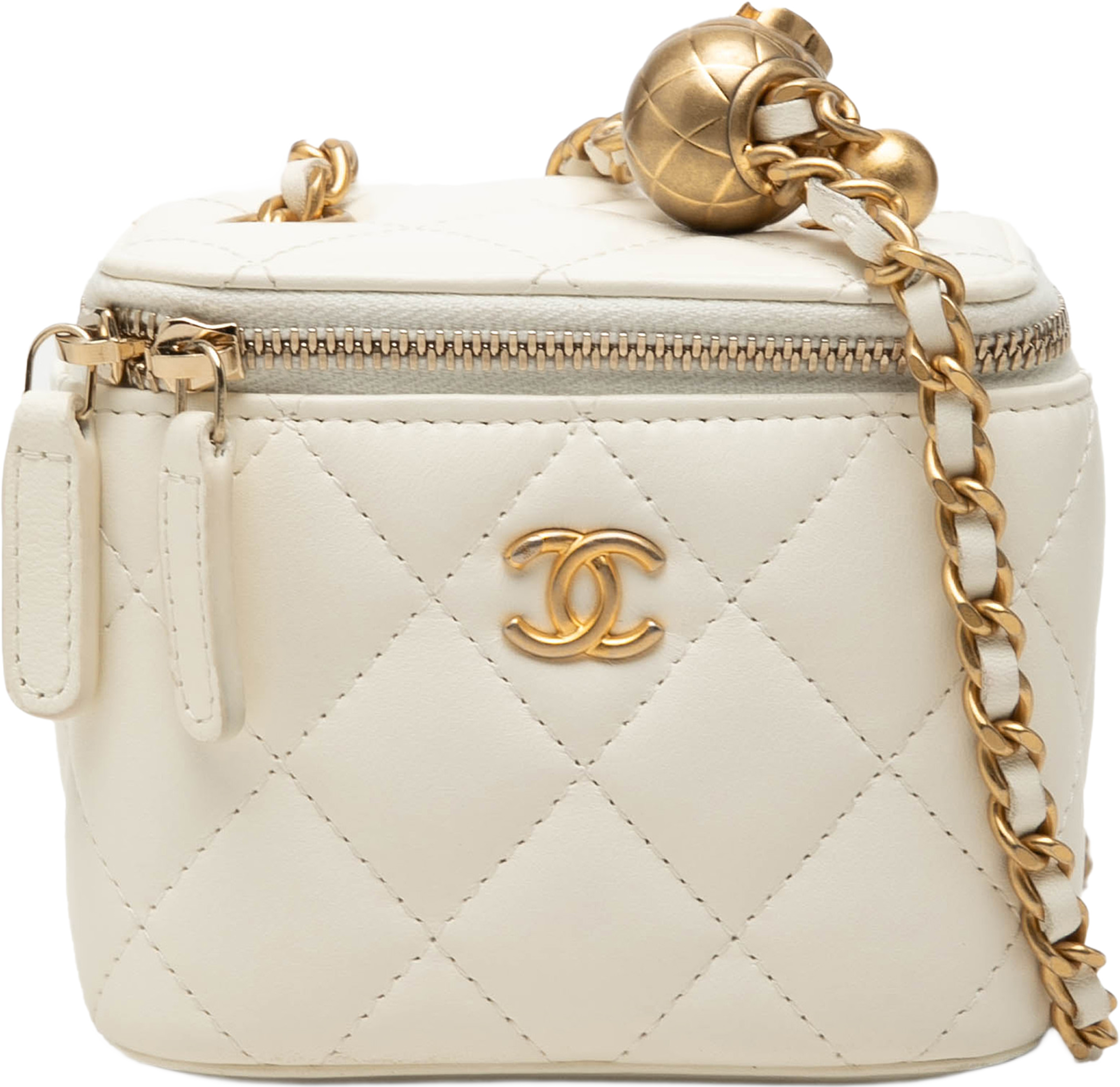 Chanel Mini Cc Quilted Lambskin Pearl Crush Vanity Case With Chain, från Luxclusif, i färgen vit. Klicka för att öppna bilden i stort format