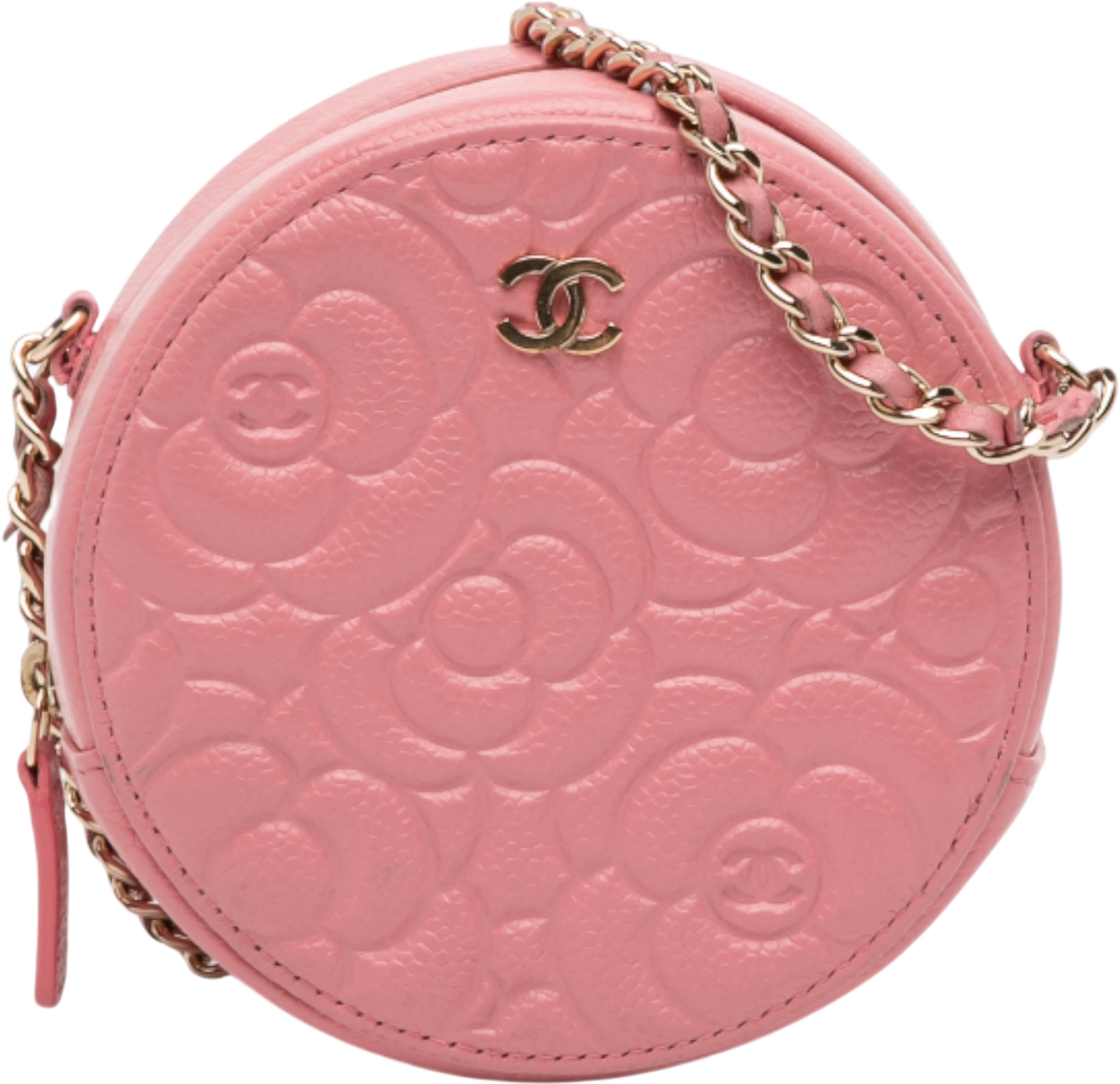 Chanel Cc Embossed Caviar Camellia Round Clutch With Chain, från Luxclusif, i färgen pink. Klicka för att öppna bilden i stort format