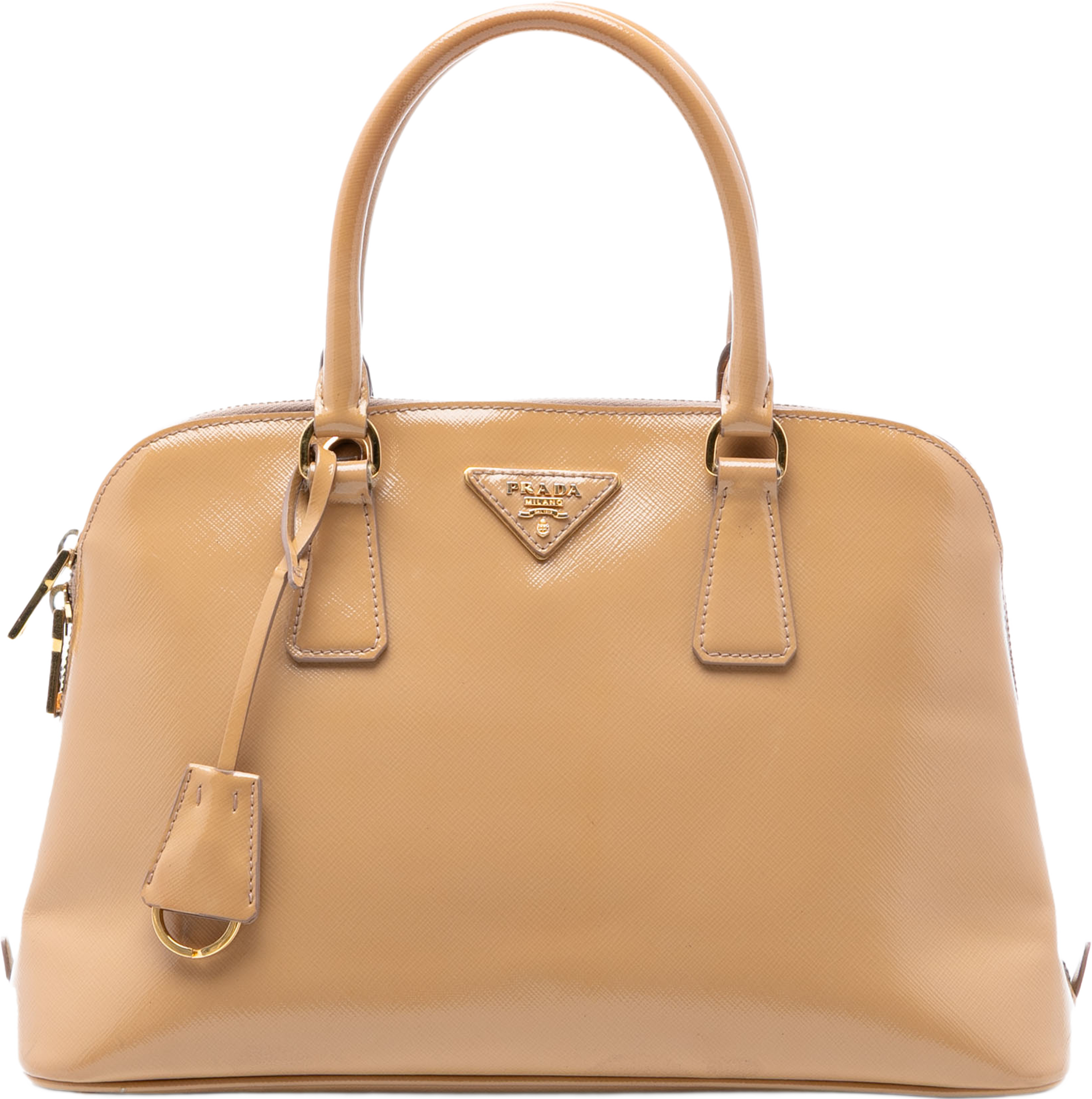 Prada Medium Saffiano Vernice Promenade Satchel, från Luxclusif, i färgen caramel. Klicka för att öppna bilden i stort format