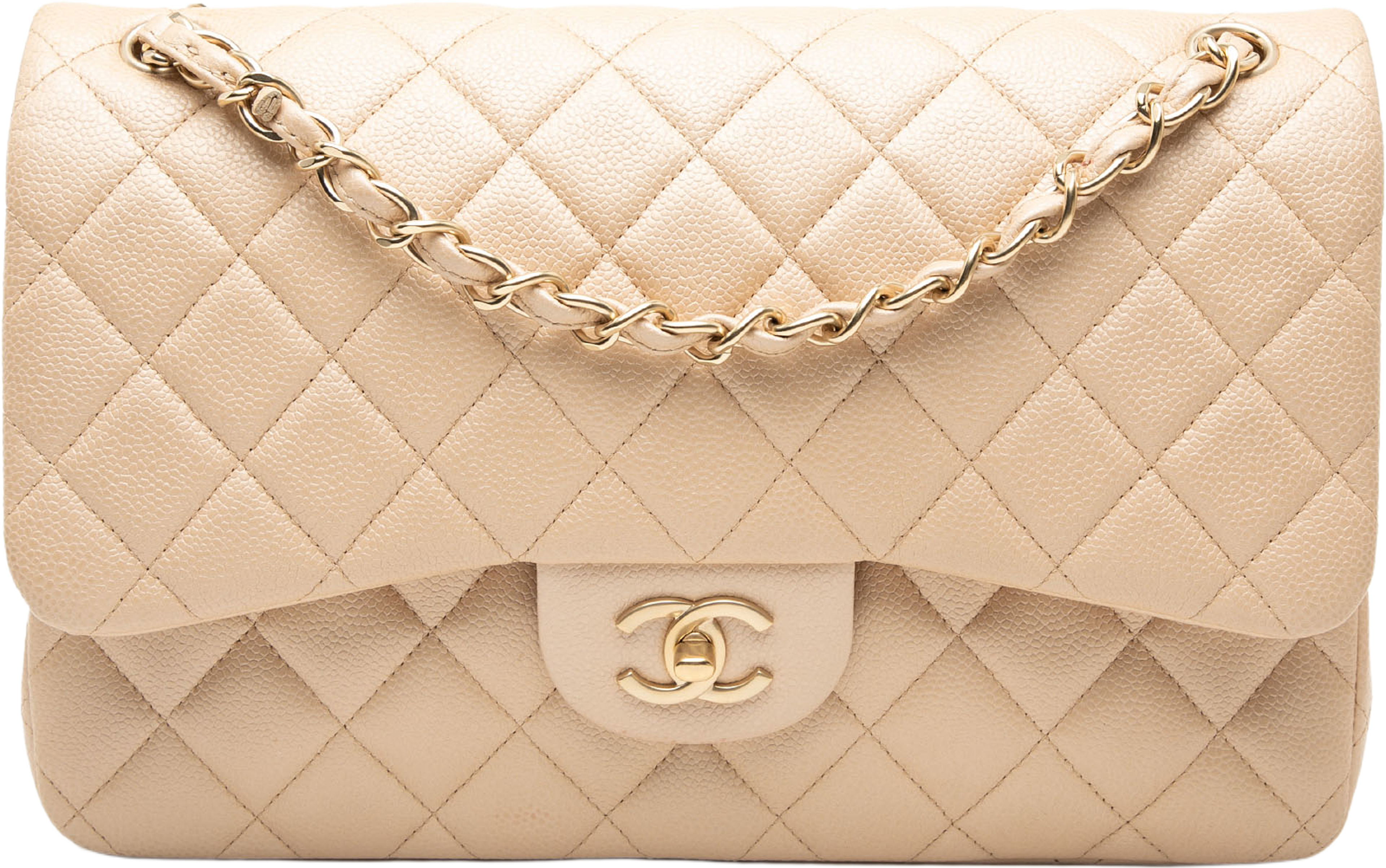 Chanel Jumbo Classic Caviar Double Flap, från Luxclusif, i färgen beige. Klicka för att öppna bilden i stort format