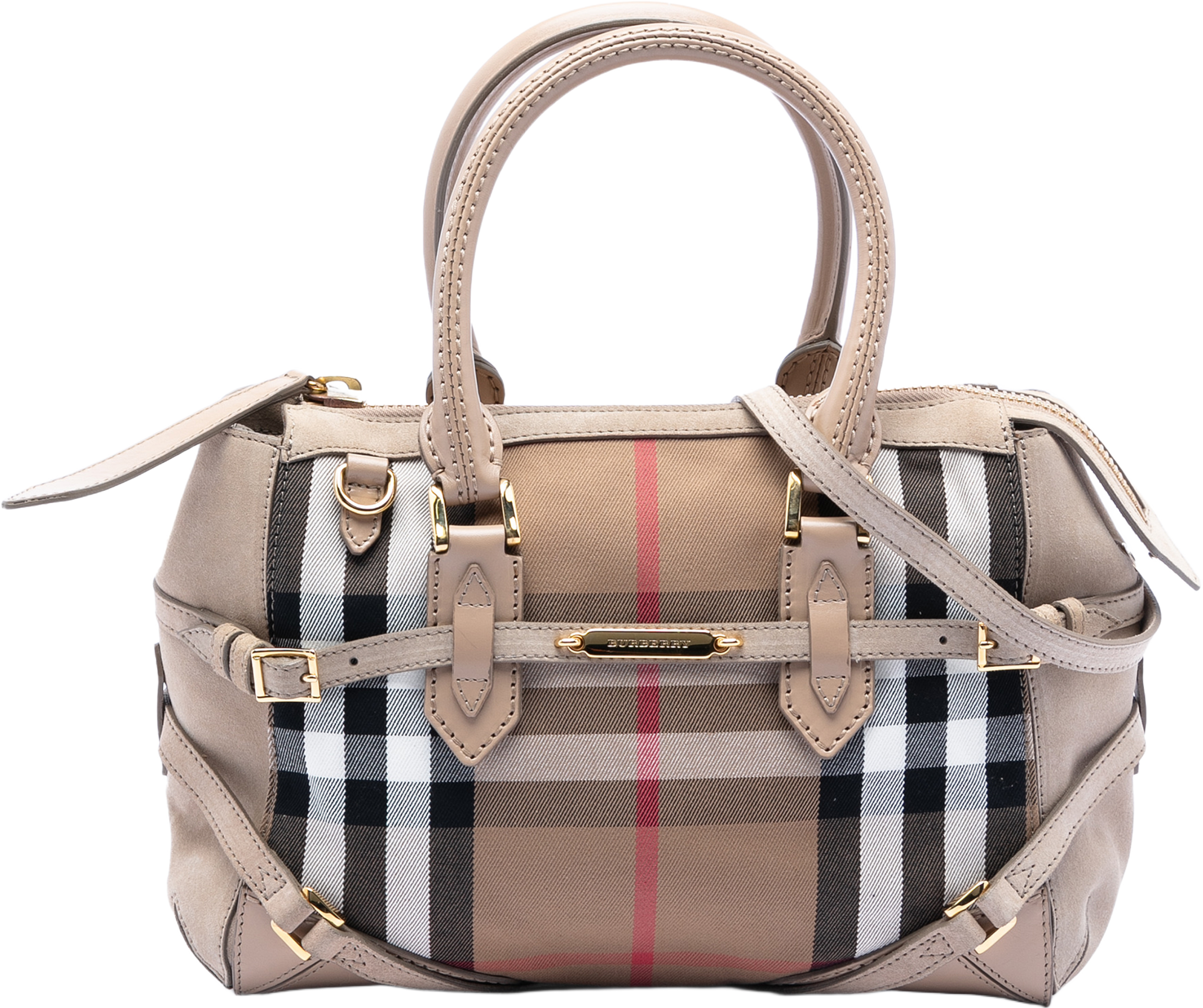 Burberry Small House Check Canvas Bridle Gladstone Satchel, från Luxclusif, i färgen beige. Klicka för att öppna bilden i stort format