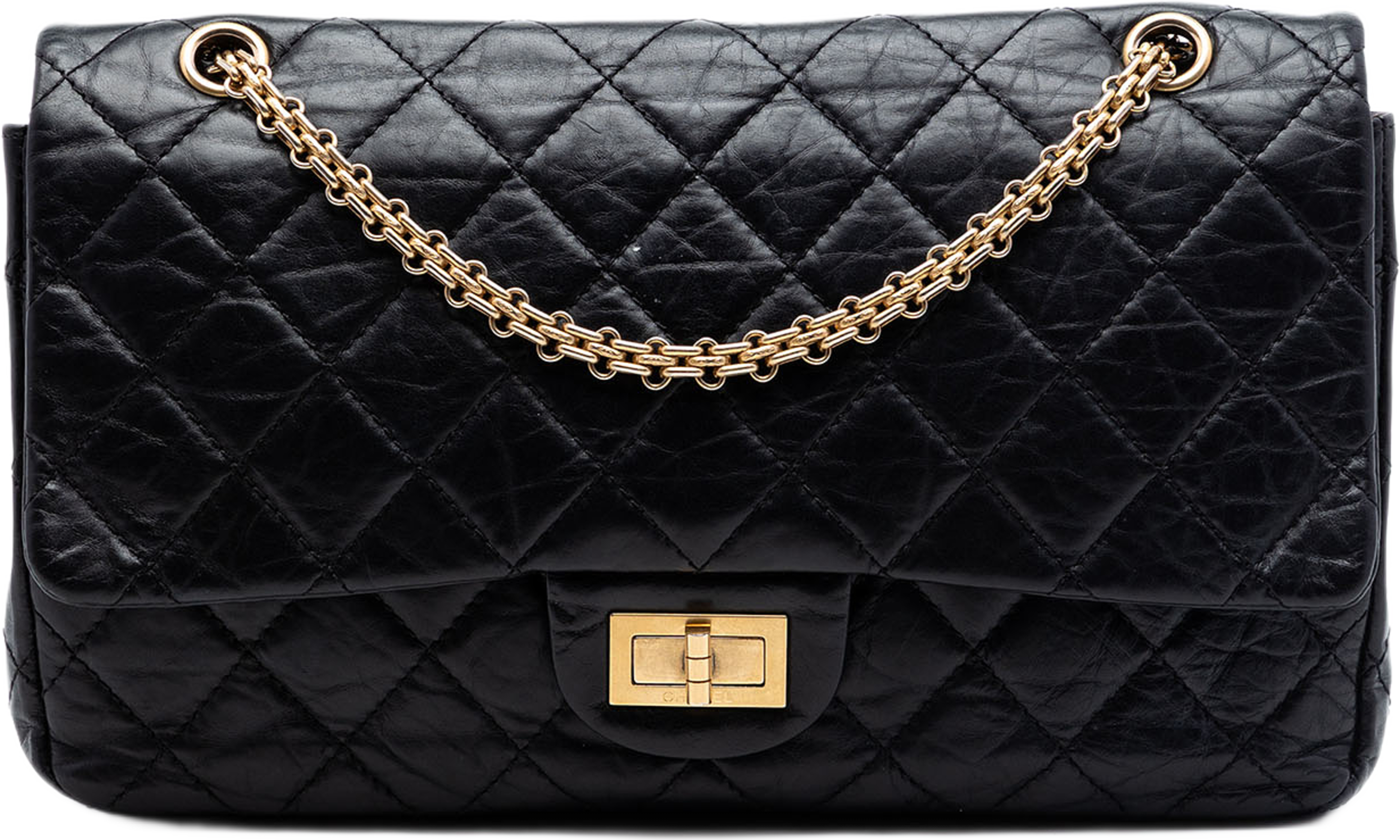 Chanel Quilted Aged Calfskin Reissue 2.55 Double Flap 227, från Luxclusif, i färgen black. Klicka för att öppna bilden i stort format