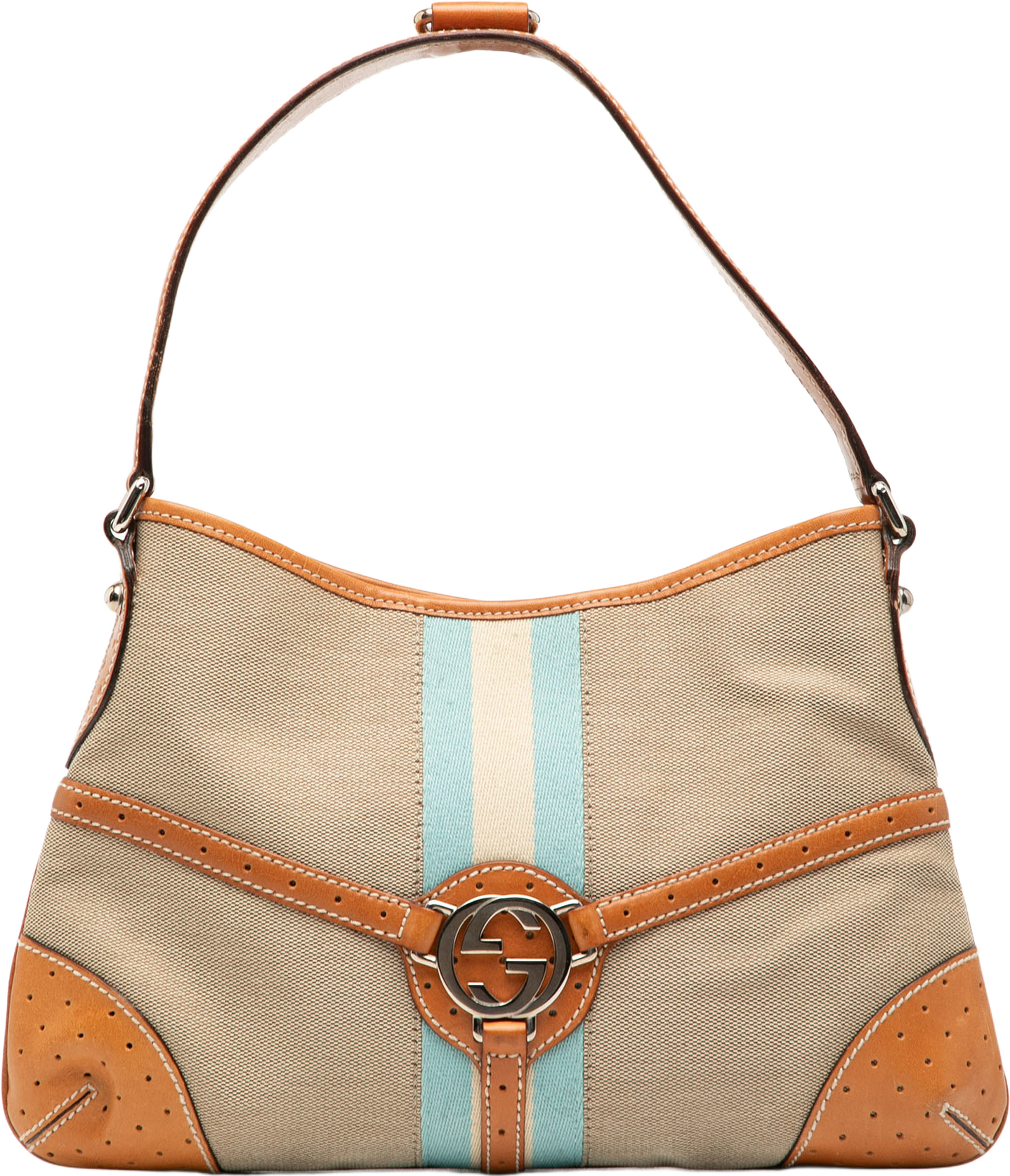 Gucci Canvas Web Reins Shoulder Bag, från Luxclusif, i färgen beige. Klicka för att öppna bilden i stort format