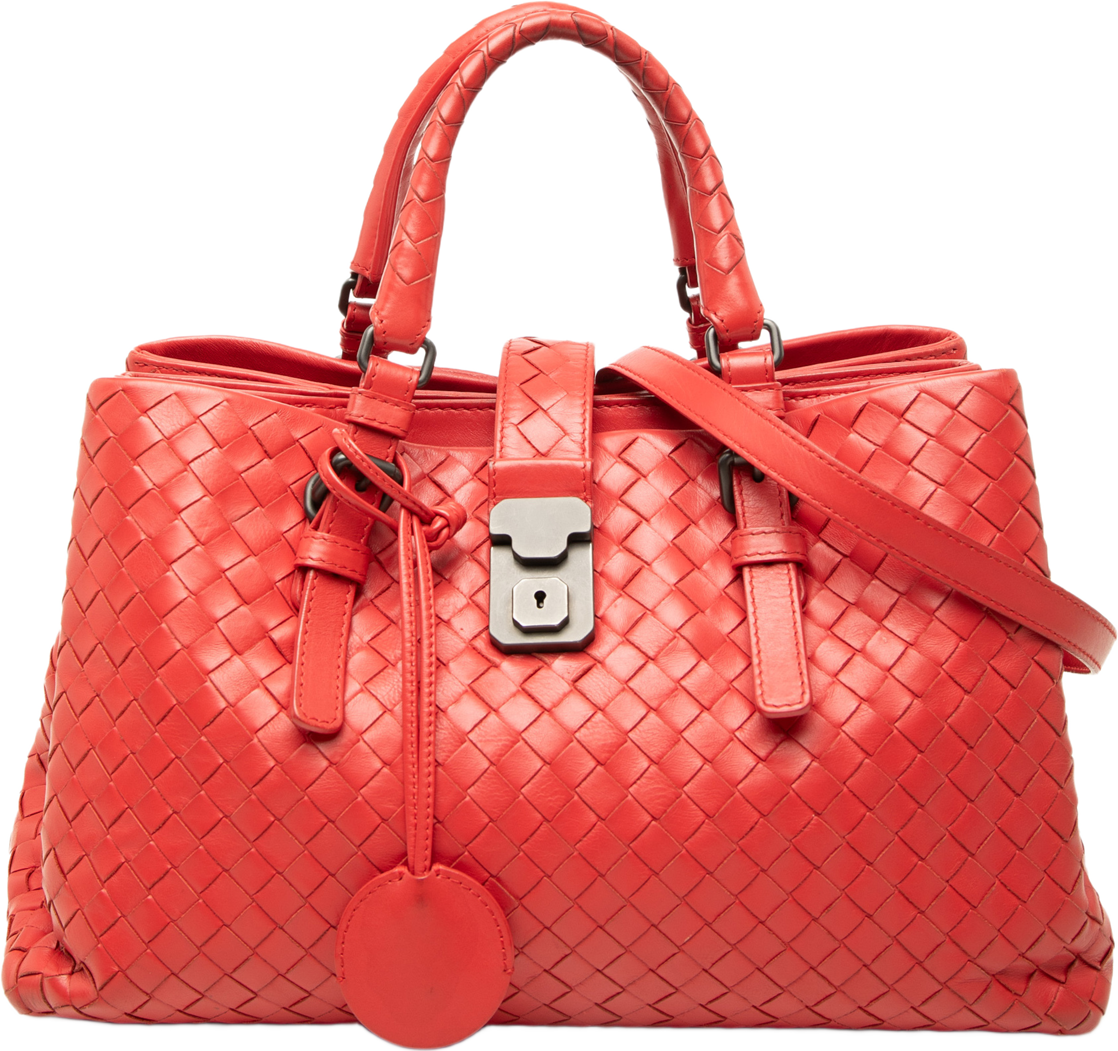 Bottega Veneta Small Nappa Intrecciato Roma Satchel, från Luxclusif, i färgen röd. Klicka för att öppna bilden i stort format