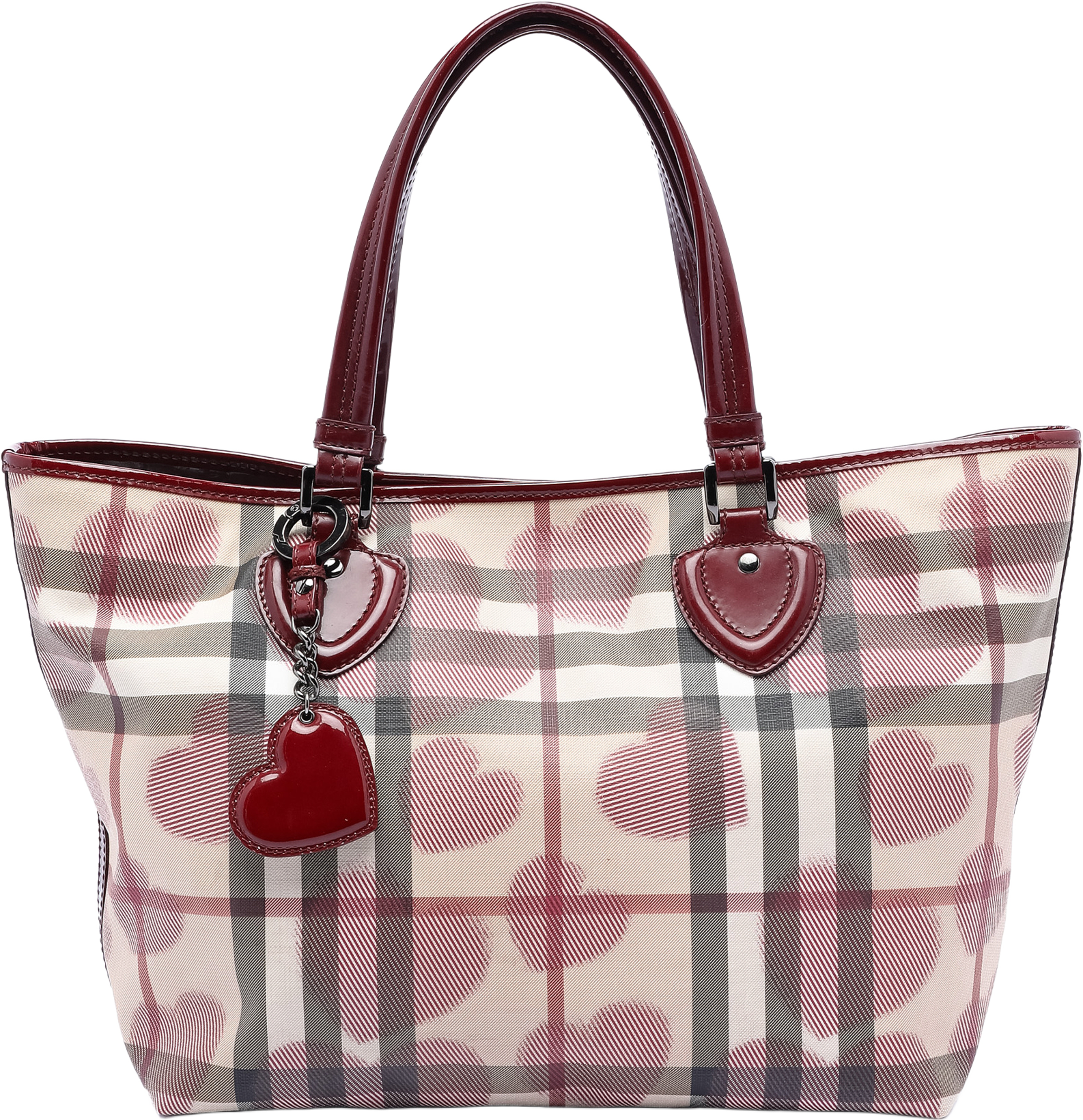 Burberry House Check Coated Canvas Hearts Gracie Tote, från Luxclusif, i färgen beige. Klicka för att öppna bilden i stort format