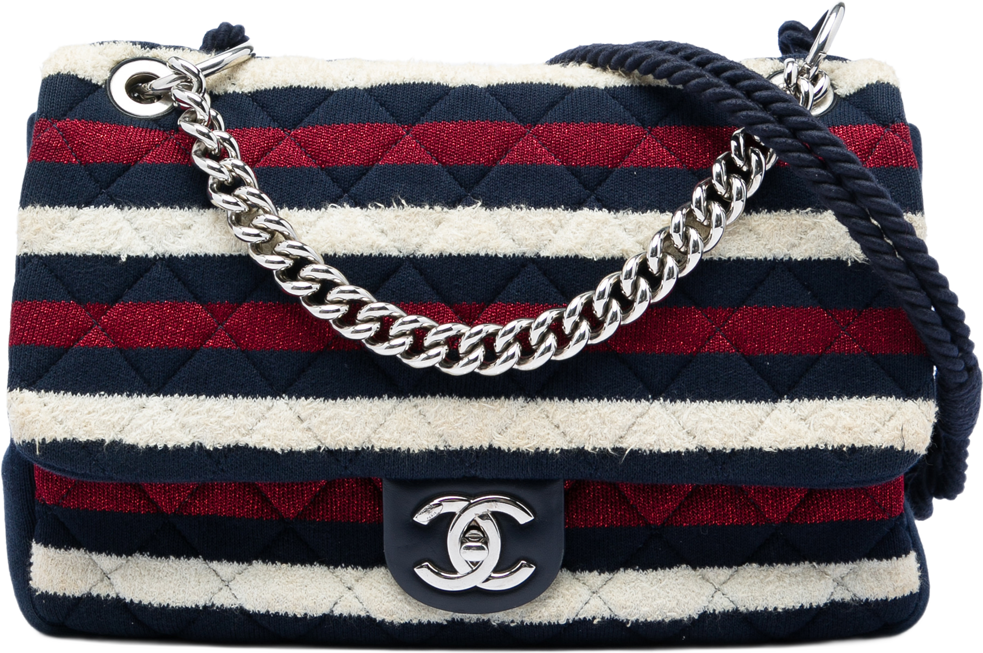 Chanel Jumbo Stripe Jersey Felt And Rope Flap, från Luxclusif, i färgen blå. Klicka för att öppna bilden i stort format
