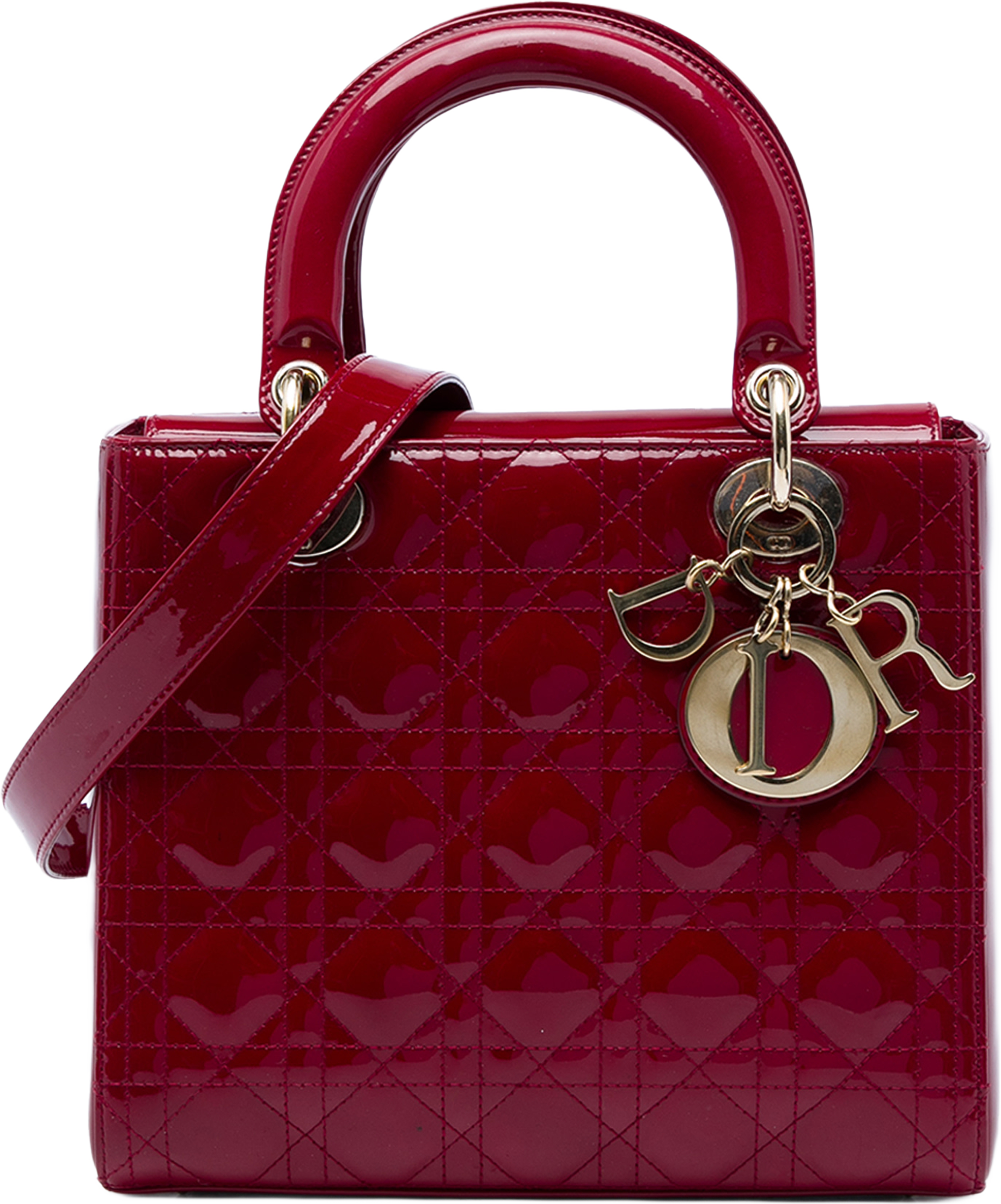 Dior Medium Patent Cannage Lady Dior, från Luxclusif, i färgen röd. Klicka för att öppna bilden i stort format