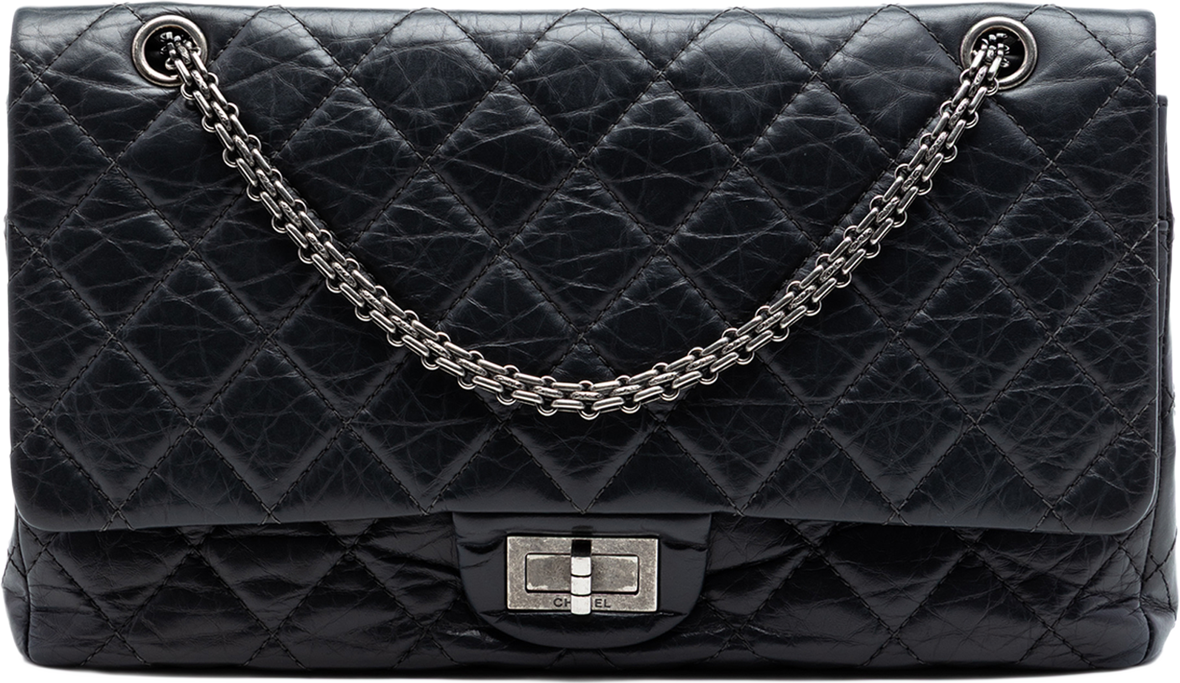 Chanel Quilted Aged Calfskin Reissue 2.55 Double Flap 227, från Luxclusif, i färgen black. Klicka för att öppna bilden i stort format