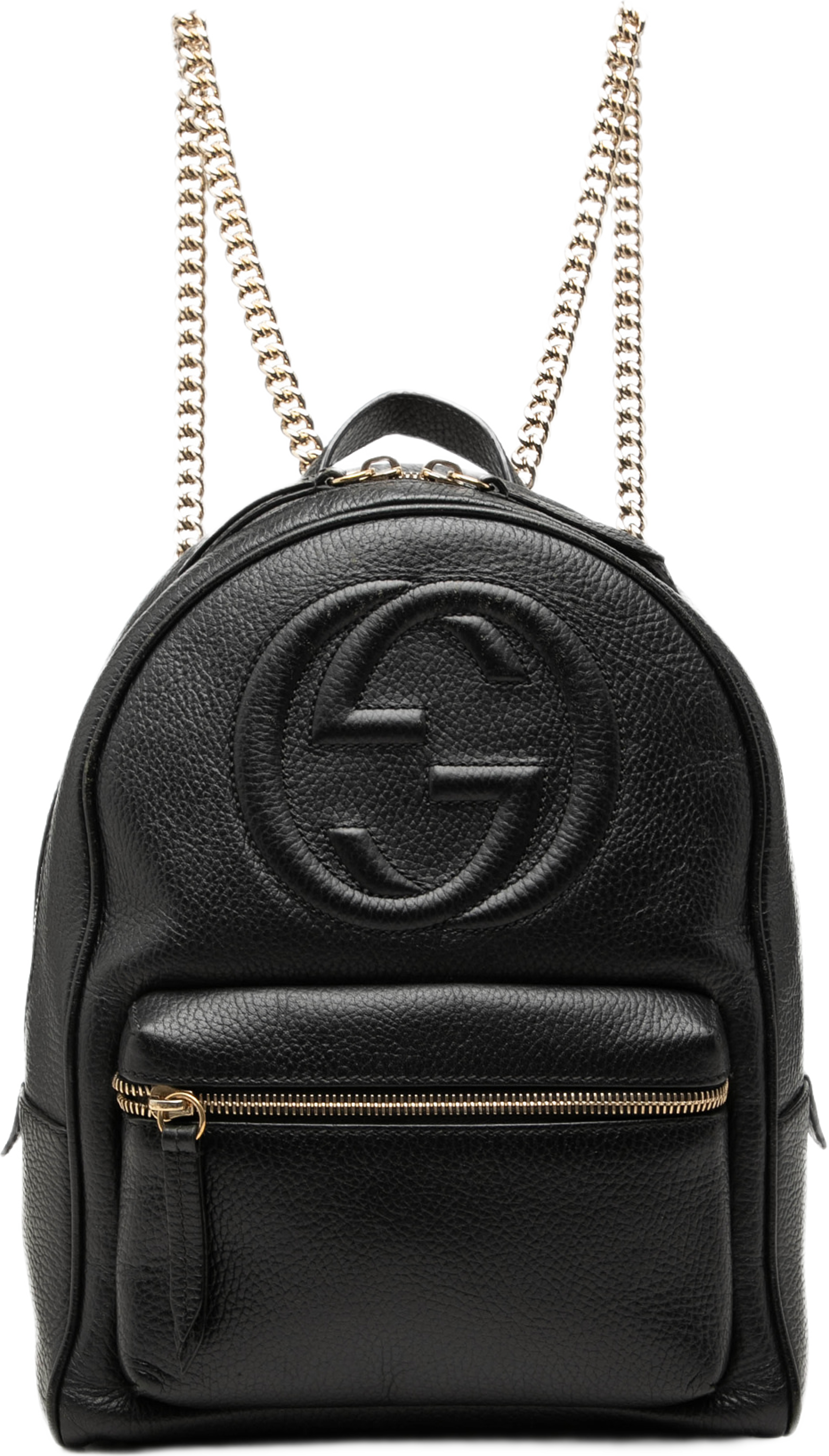 Gucci Pebbled Calfskin Soho Chain Backpack, från Luxclusif, i färgen svart. Klicka för att öppna bilden i stort format