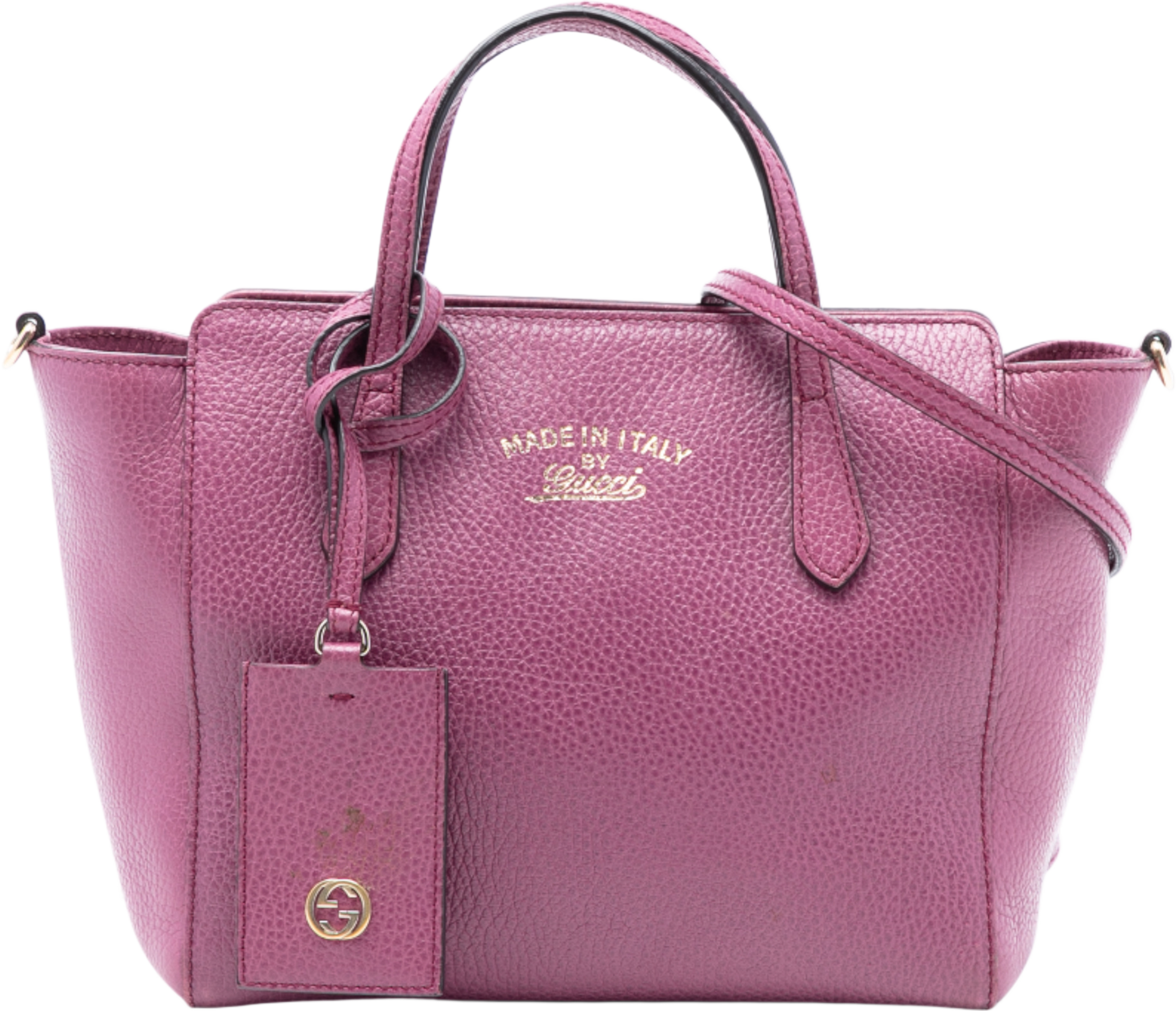 Gucci Mini Leather Swing Satchel, från Luxclusif, i färgen magenta. Klicka för att öppna bilden i stort format