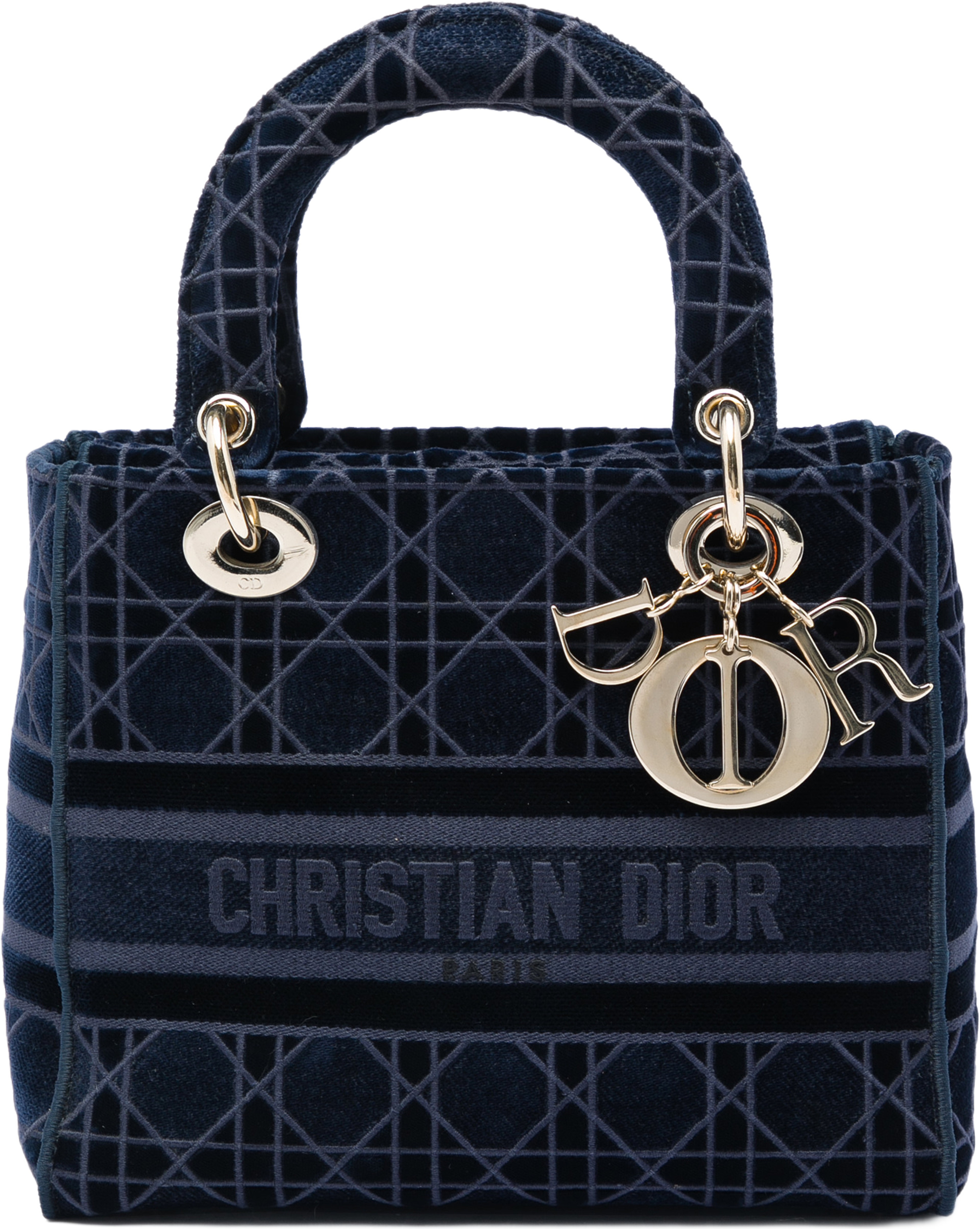 Dior Medium Velvet Cannage Lady D Lite, från Luxclusif, i färgen blå. Klicka för att öppna bilden i stort format