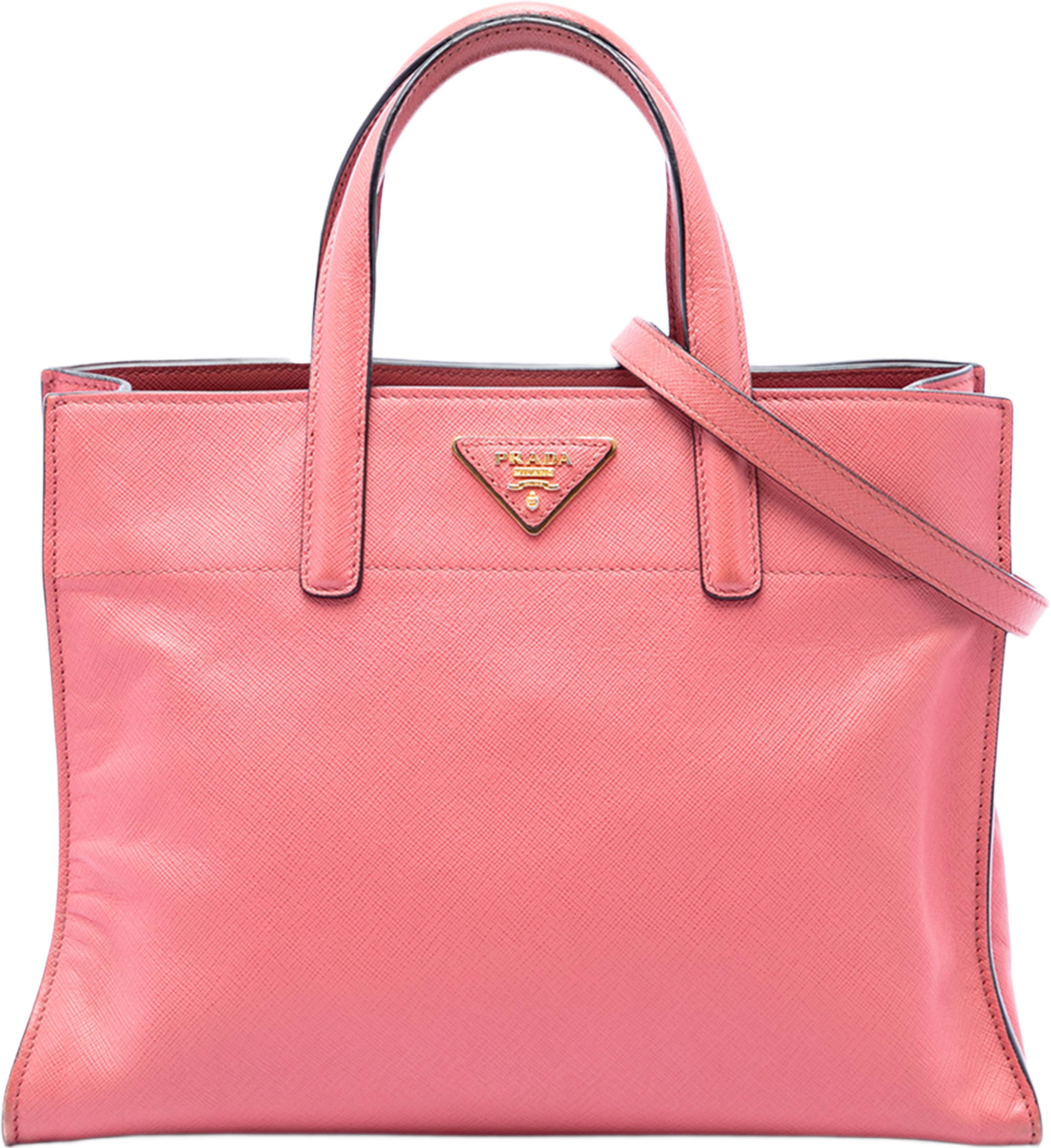 Prada Saffiano Soft Triple Pocket Tote, från Luxclusif, i färgen rosa. Klicka för att öppna bilden i stort format