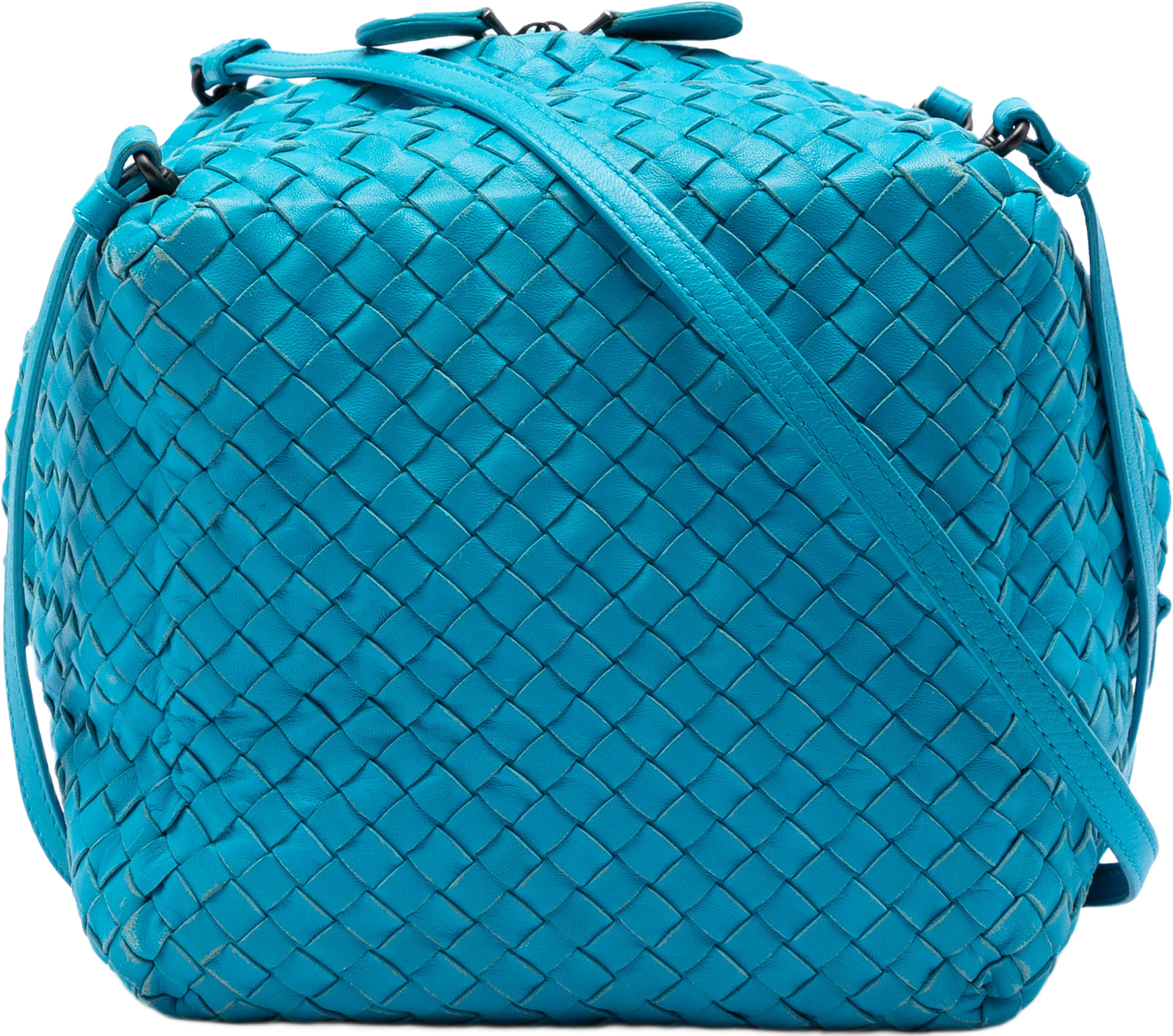 Bottega Veneta Nappa Intrecciato Cube Crossbody, från Luxclusif, i färgen turquoise. Klicka för att öppna bilden i stort format