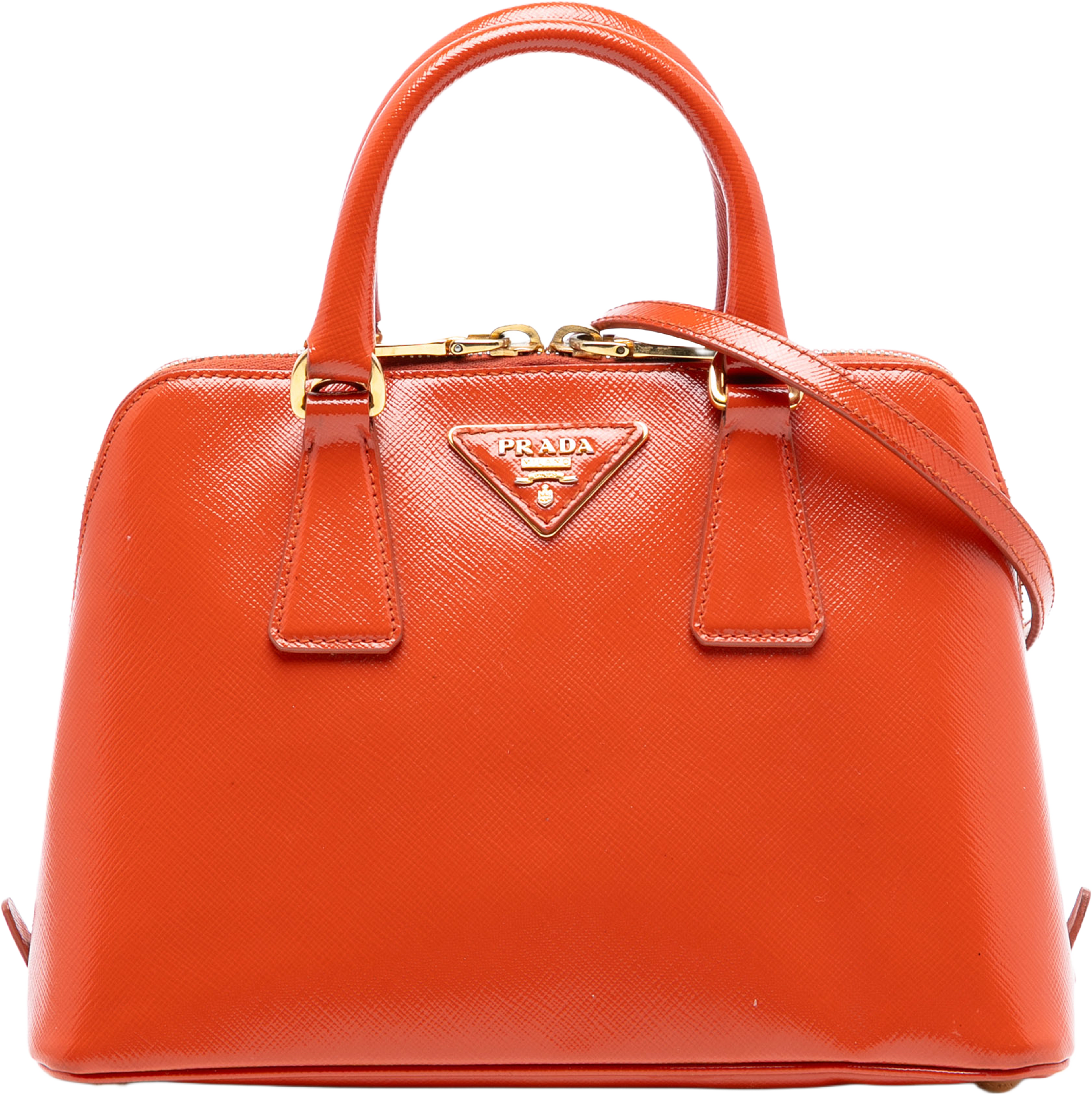 Prada Small Saffiano Vernice Promenade Satchel, från Luxclusif, i färgen orange. Klicka för att öppna bilden i stort format